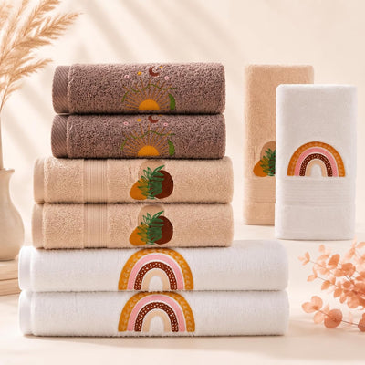 6 Pack Boho Bath Towels Set, Rainbow Beige