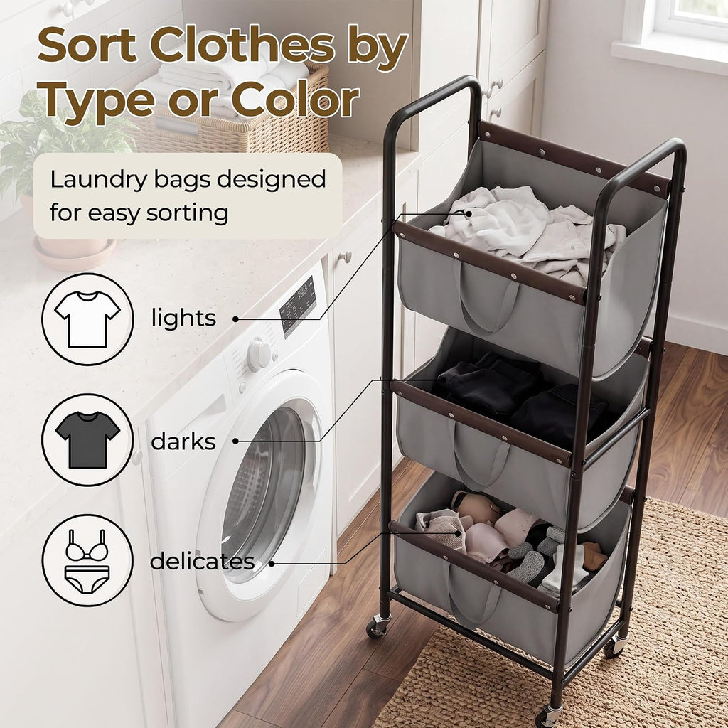 3 Tiered Laundry Sorter, Narrow Hamper Cart with Wheels | Sturdy 3 Section Laundry Basket with Wheels, Vertical Grey