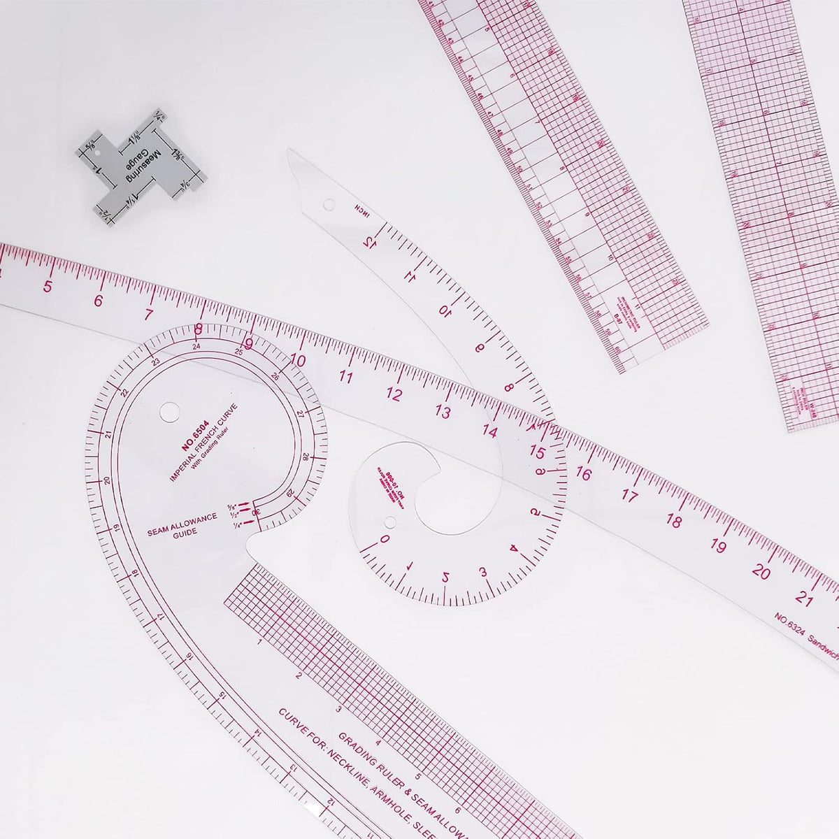 Imperial Sewing Ruler & French Curves for Pattern Making Drafting, Clear Plastic Fashion Designer Ruler Kit in Inches