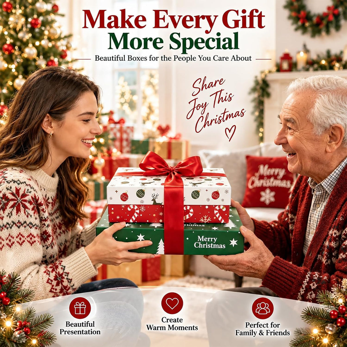 15 Pack Christmas Gift Boxes with Lids, 2 Sizes, 5 Festive Designs