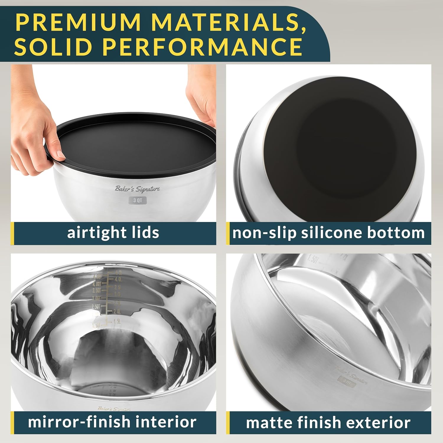 Stainless Steel Mixing Bowls with Lids Set, 5 Sizes, 3 Graters, Non-Slip Base, Airtight Lids, Metal Mixing Bowls for