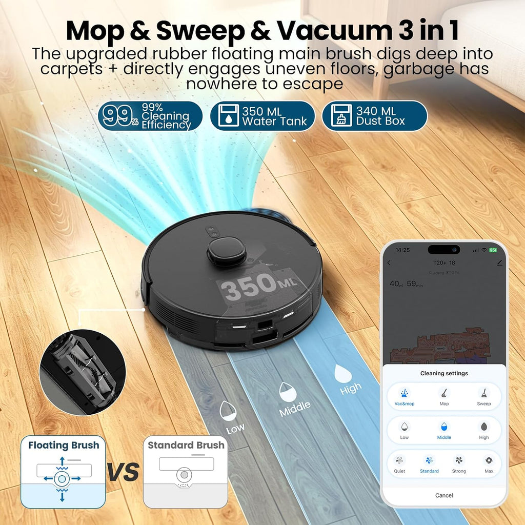 T20+ Robot Vacuum and Mop Combo Self-Emptying, 6,000Pa Suction Robot Vacuum Cleaner, 75-Day Hands-Free, Home Mapping