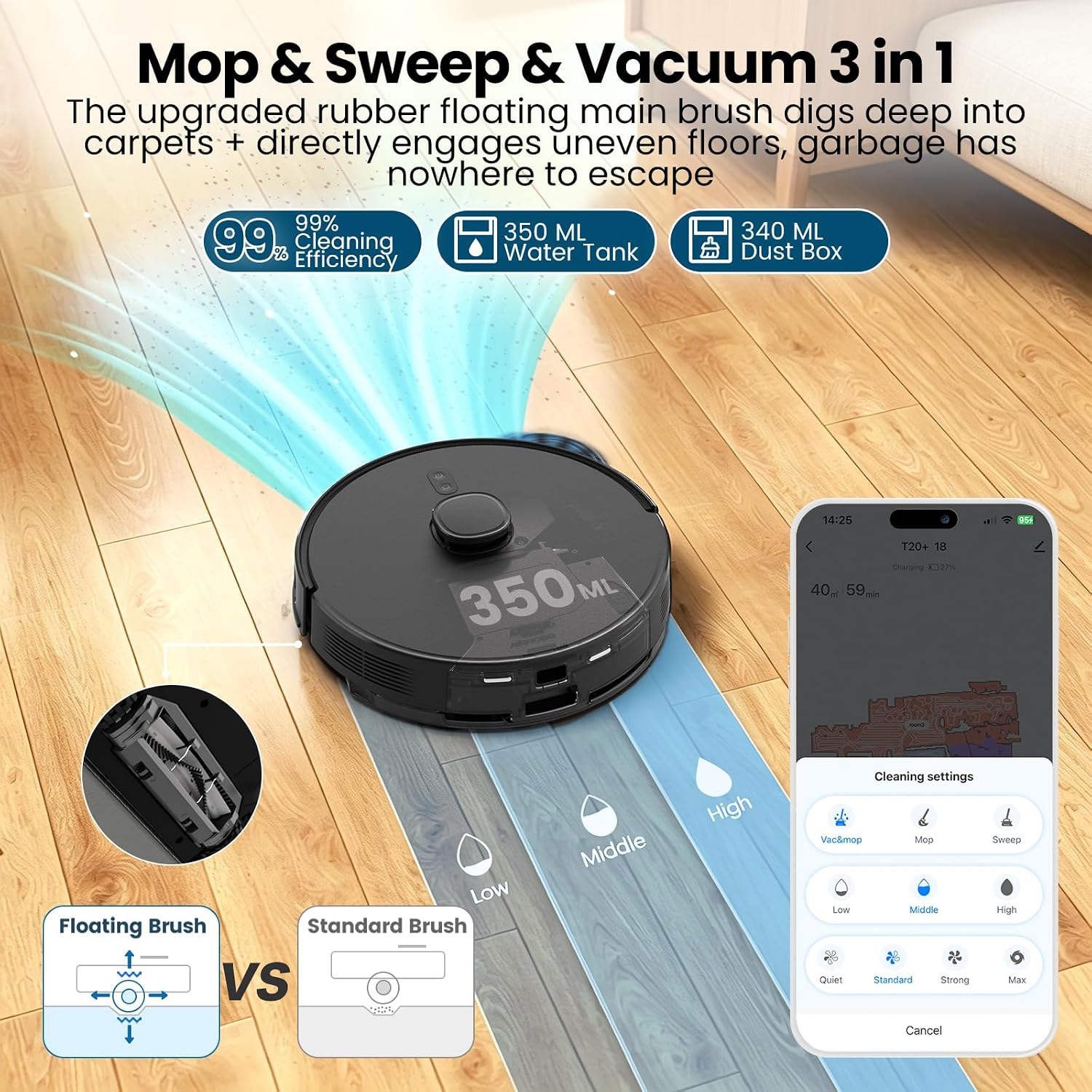 T20+ Robot Vacuum and Mop Combo Self-Emptying, 6,000Pa Suction Robot Vacuum Cleaner, 75-Day Hands-Free, Home Mapping