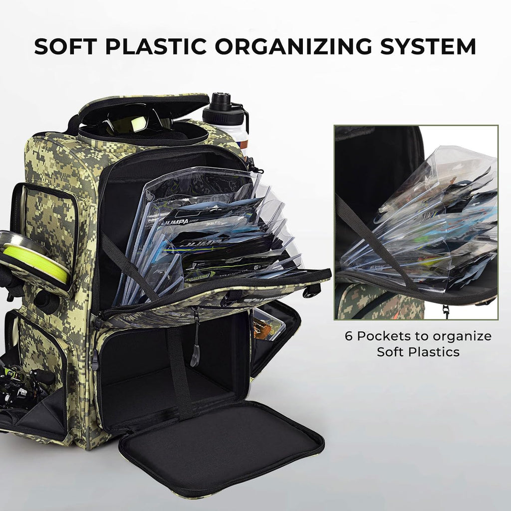 Bait Boss Fishing Tackle Backpack with Rod Holders-4 Tackle Boxes-Rain Cover,Storage for Fishing Gear