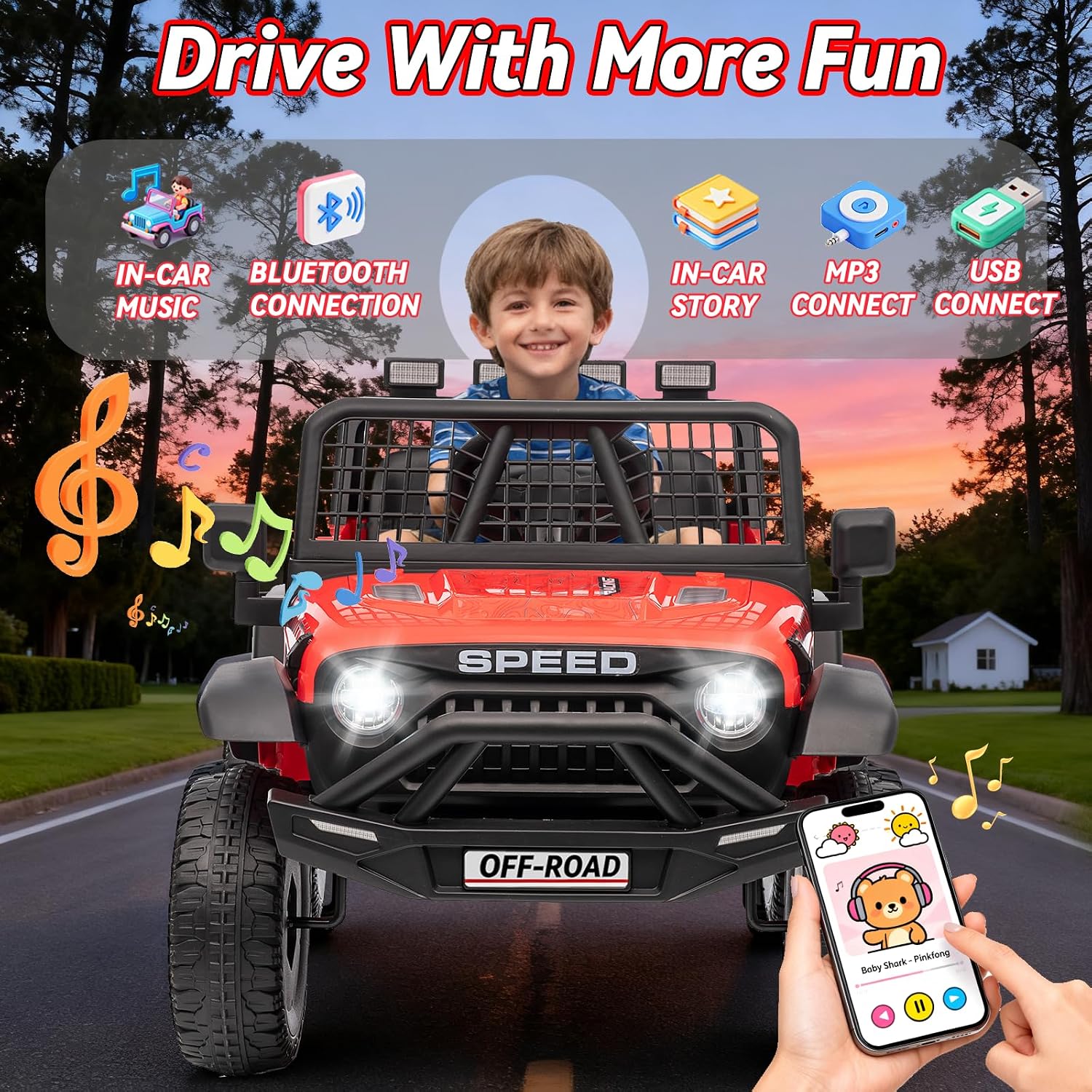 24V Ride on Toys w/Remote Control, 4WD Kids Ride on Truck Car, 3 Speed, Bluetooth Music, Wide Seat, Spring