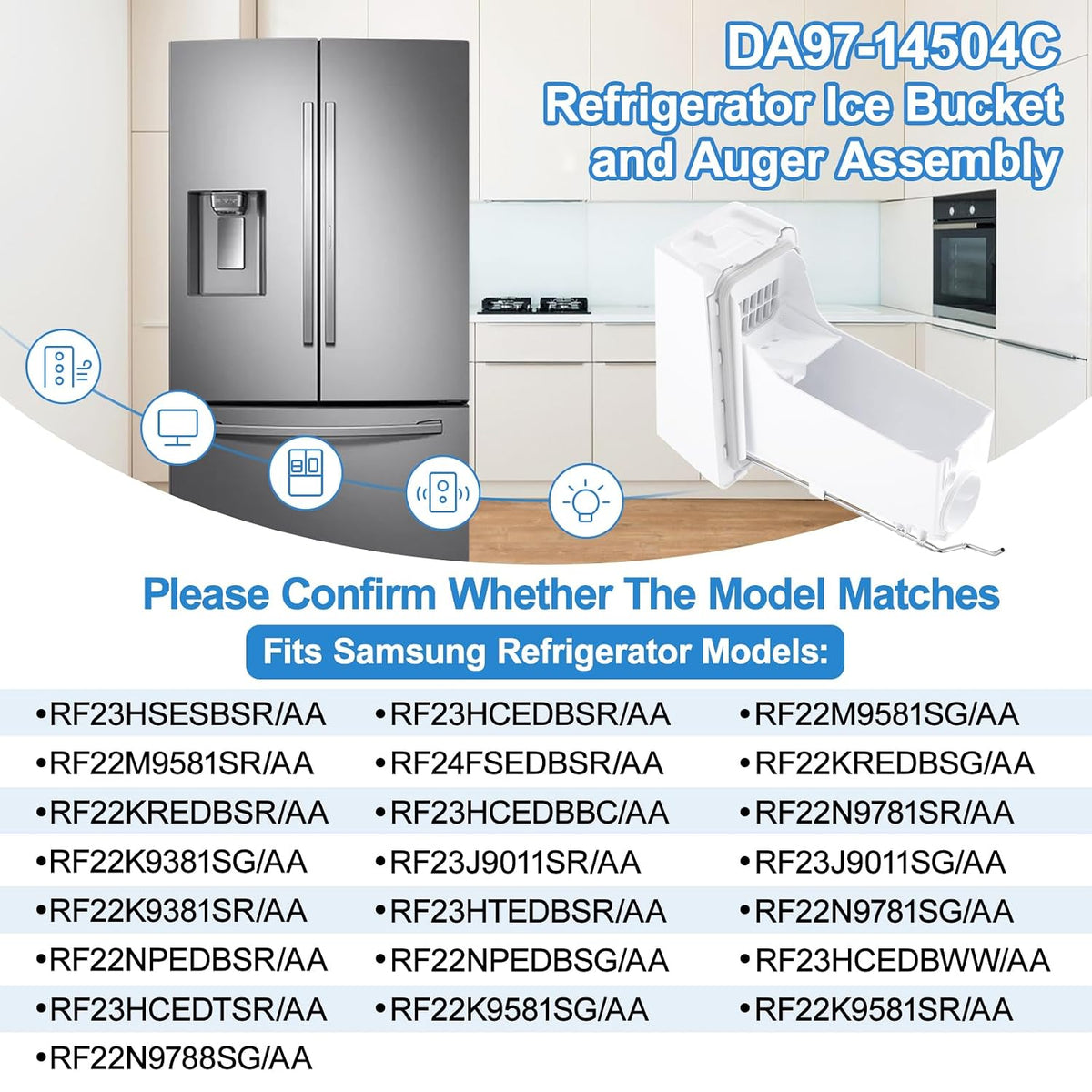 Upgraded RF23HCEDBSR RF23J9011SR RF24FSEDBSR RF22KREDBSR Ice Maker Ice Tray Compatible with Samsung Ice Maker Replacement DA97-14504C DA97-14504A Ice Container Samsung Ice Bucket Replacement Ice Bin