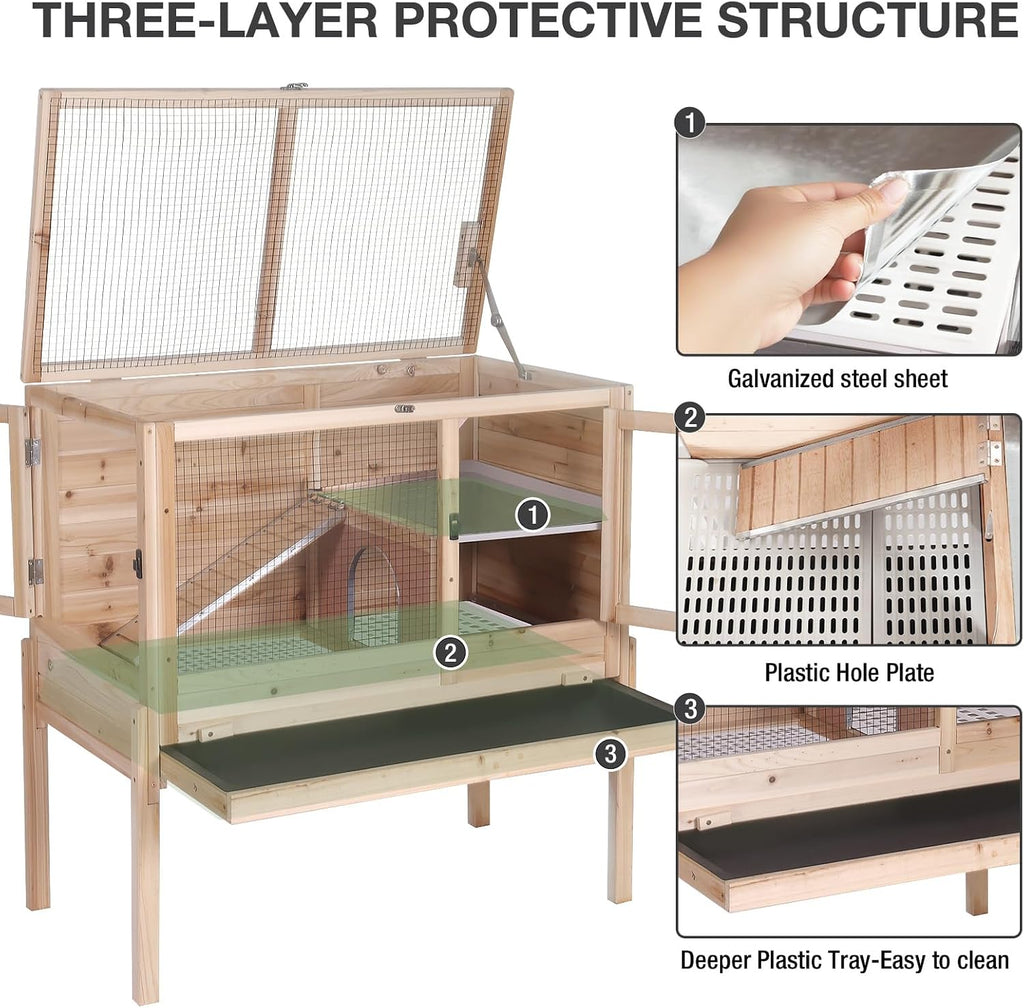 Guinea Pig Cage with Wooden Stand - Hamster Cage, Small Animal Cage Anti Chew Ramp, Hideout, Platform, Pull Out Tray