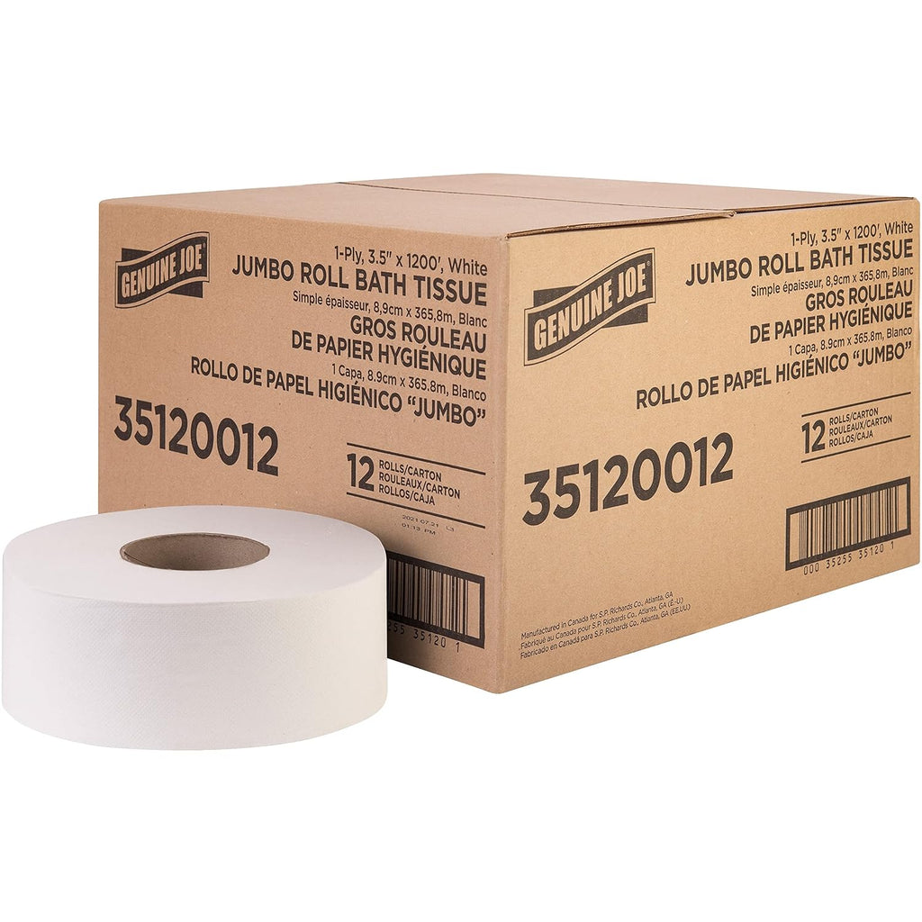 Jumbo Roll Bath Tissue, 1-Ply, 3.63" x 1200', White, 12 Count