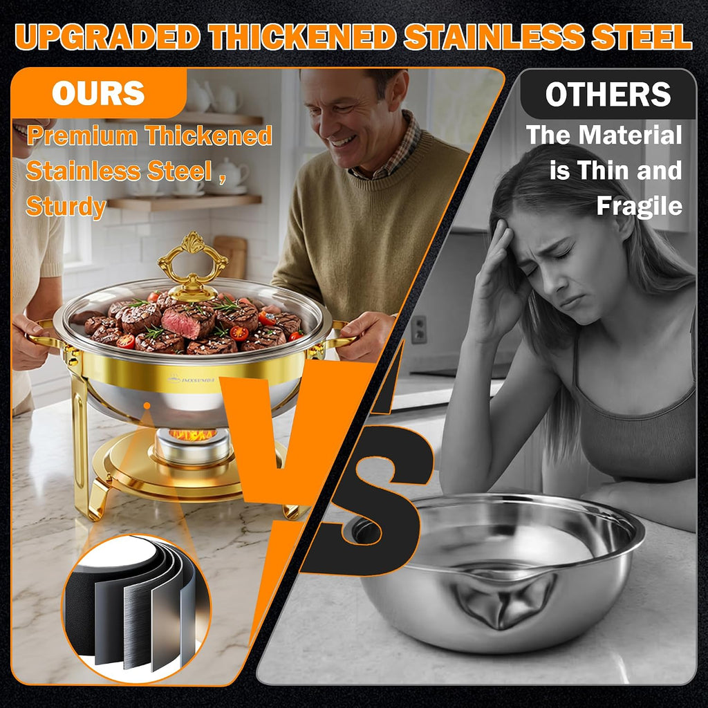 6QT 4 Pack Round Chafing Dishes for Buffet with Glass Lid, Gold | Stainless Steel Chafing Dish Set, Buffet Servers