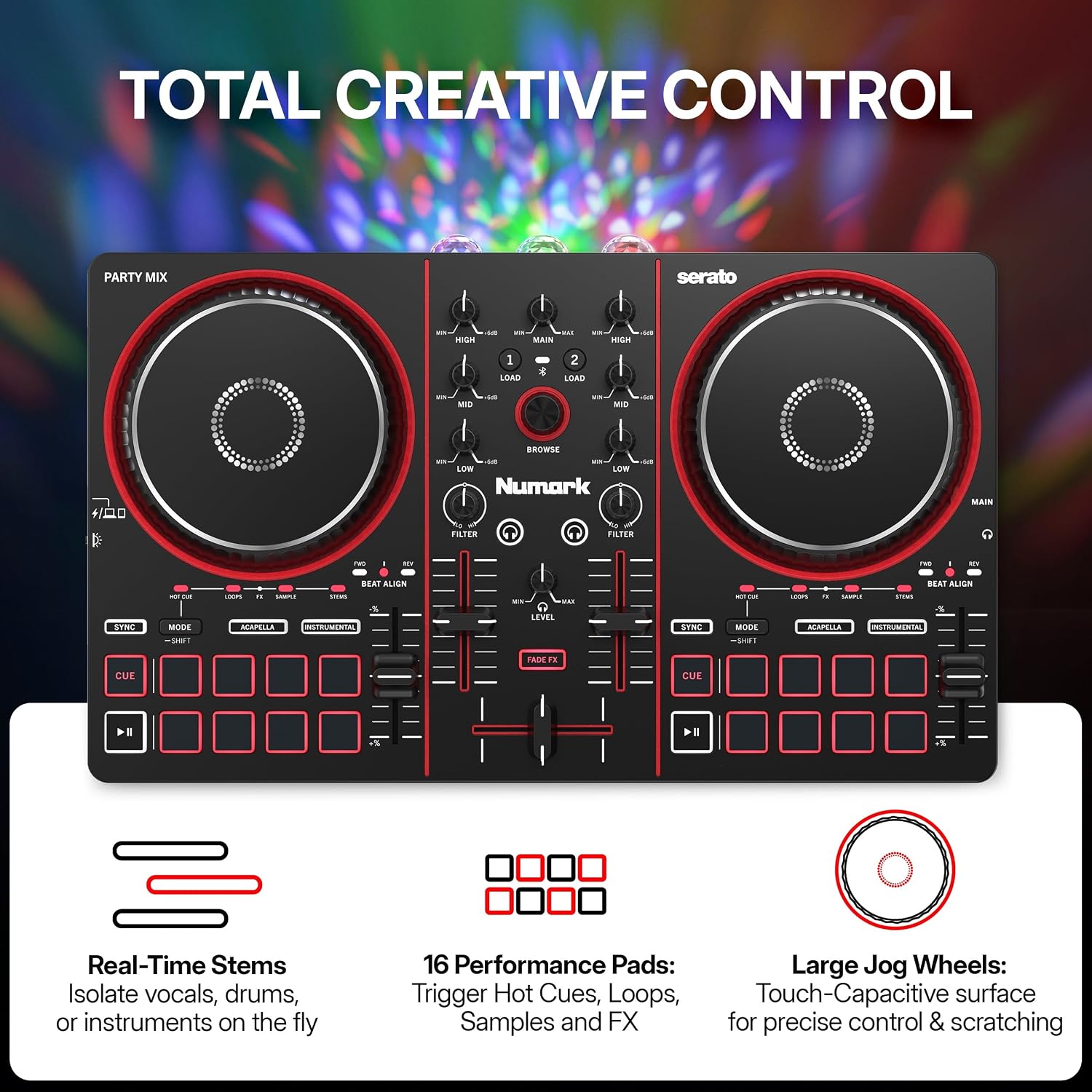 Party Mix III Bluetooth DJ Controller with Built-in Lights | Beat Assist, Smart Fader, 16 Pads, 2 Deck DJ Mixer