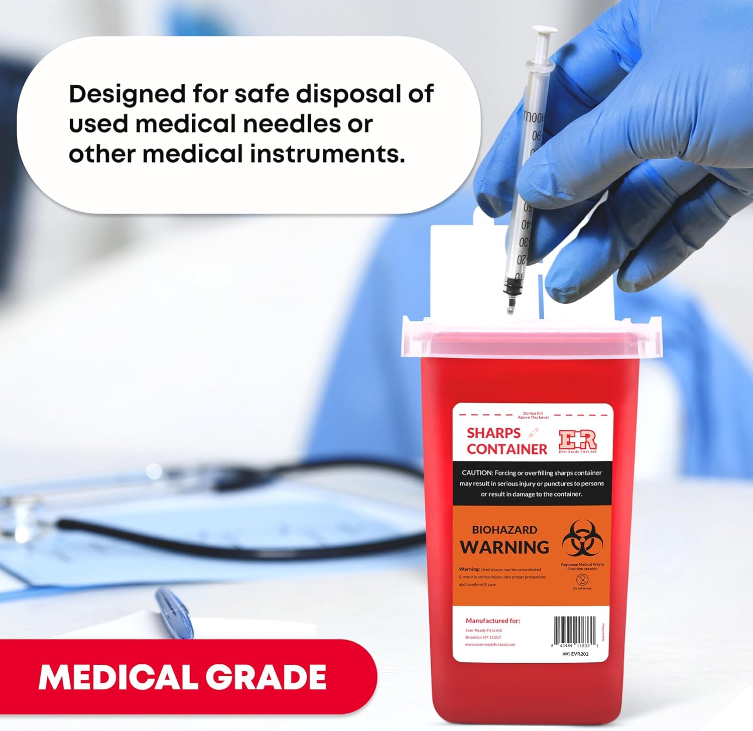 Sharps Container with Split Lid Design and Locking Mechanism for Sharp Waste Disposal, 1 Quart
