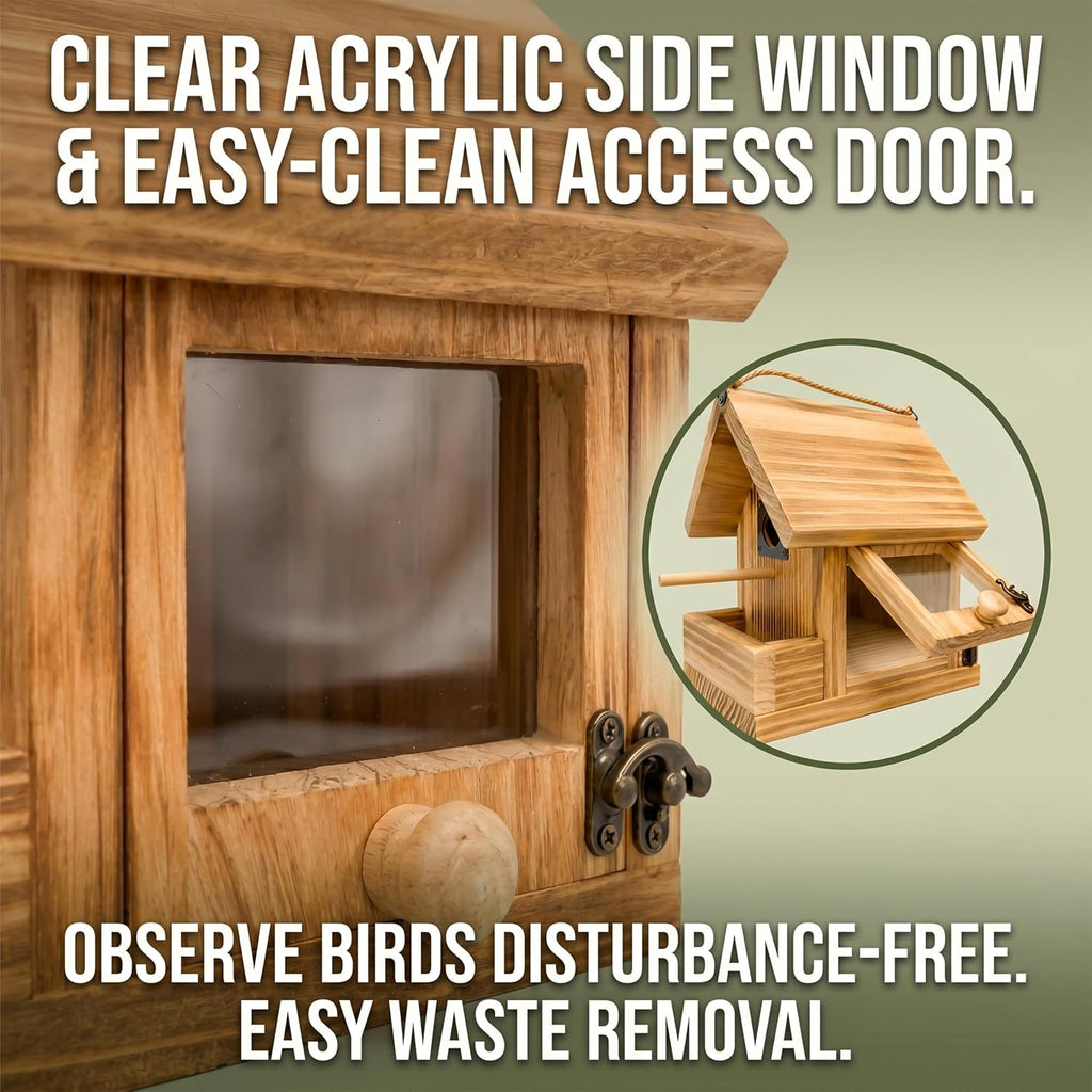 2-in-1 Wooden Bird House for Outside with Feeder, Hanging Birdhouse, Clear Window & EasyClean Door, Carbonized Solid
