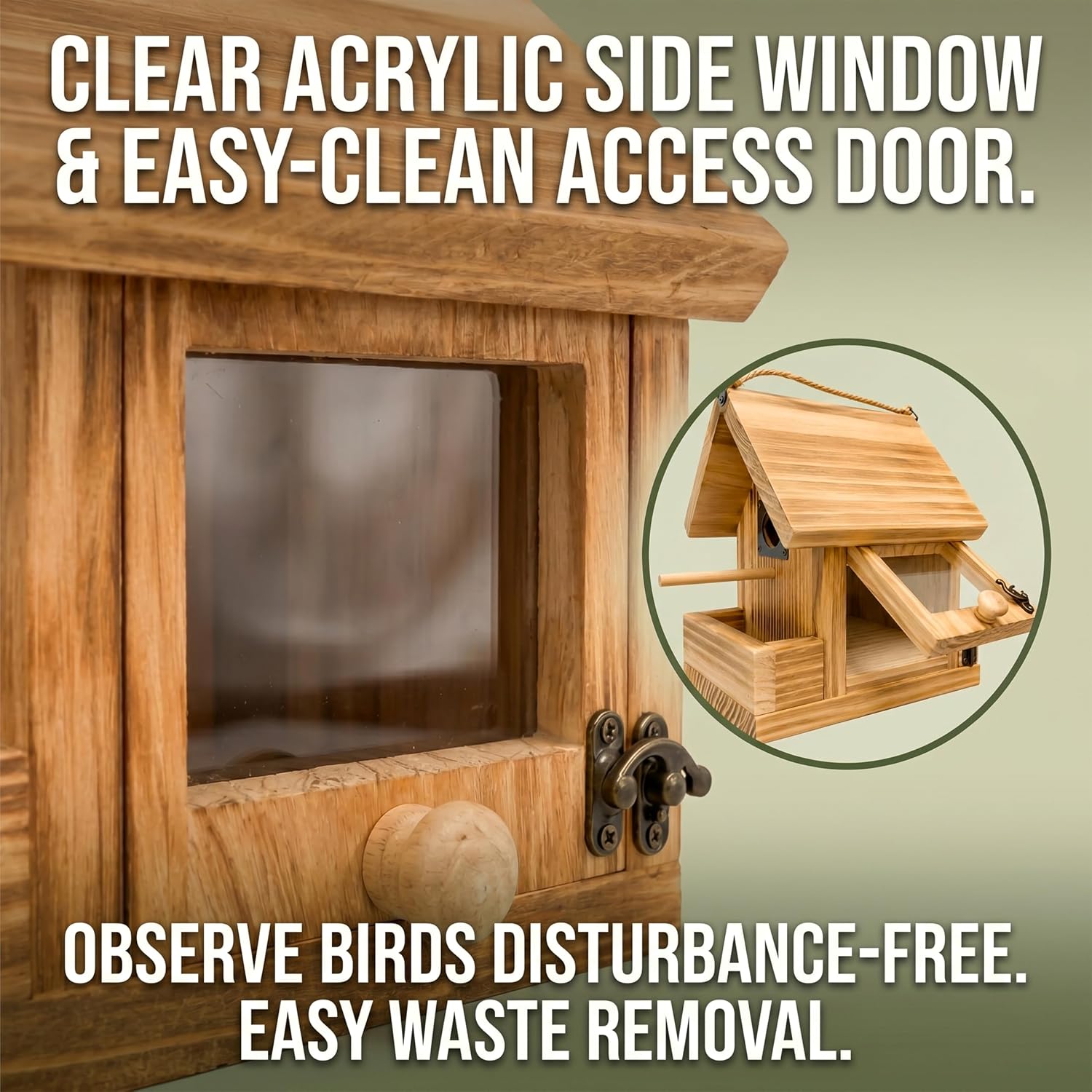 2-in-1 Wooden Bird House for Outside with Feeder, Hanging Birdhouse, Clear Window & EasyClean Door, Carbonized Solid