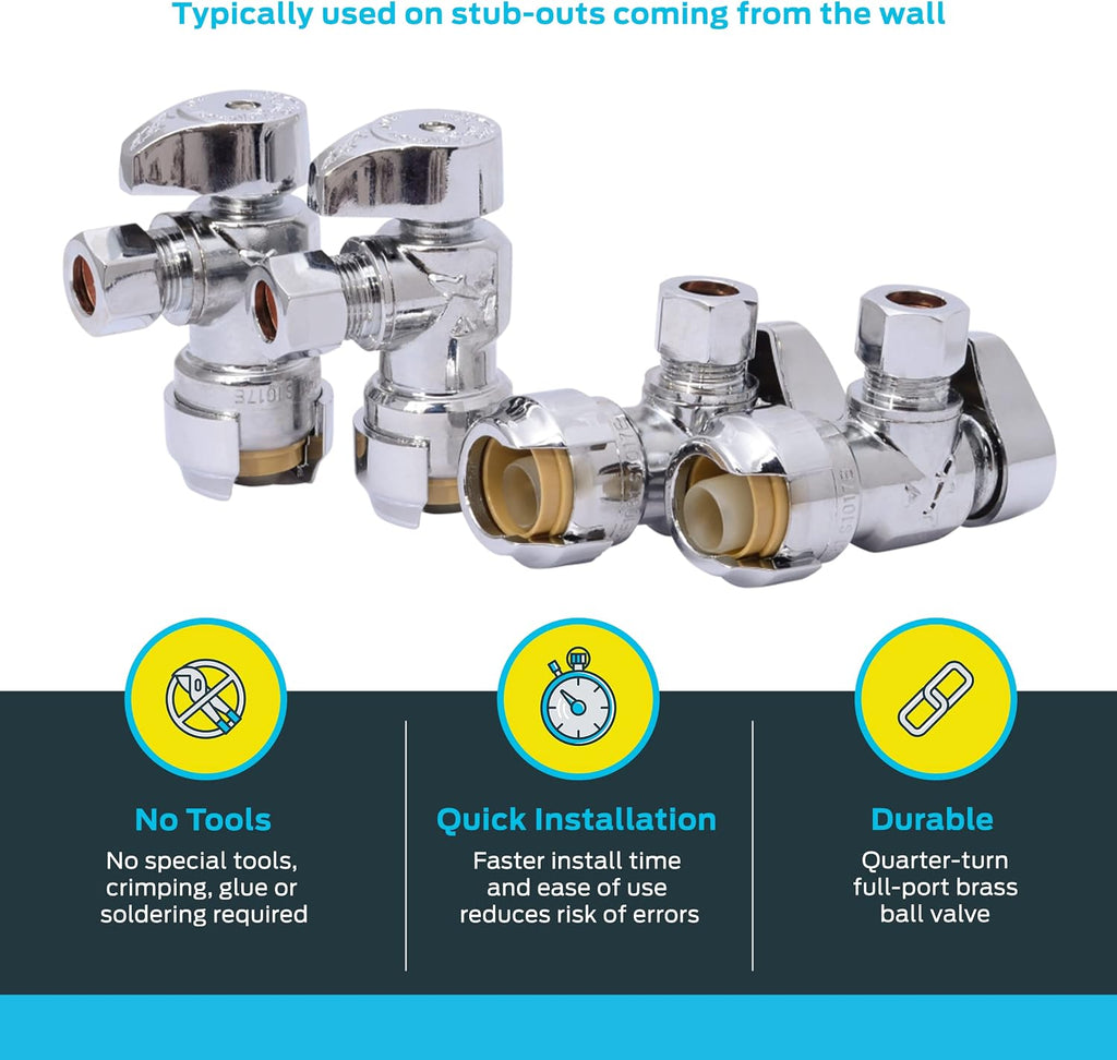 1/2 x 3/8 Inch Compression Angle Stop Valve, Pack of 4, Quarter Turn, Push to Connect Brass Plumbing Fitting, PEX