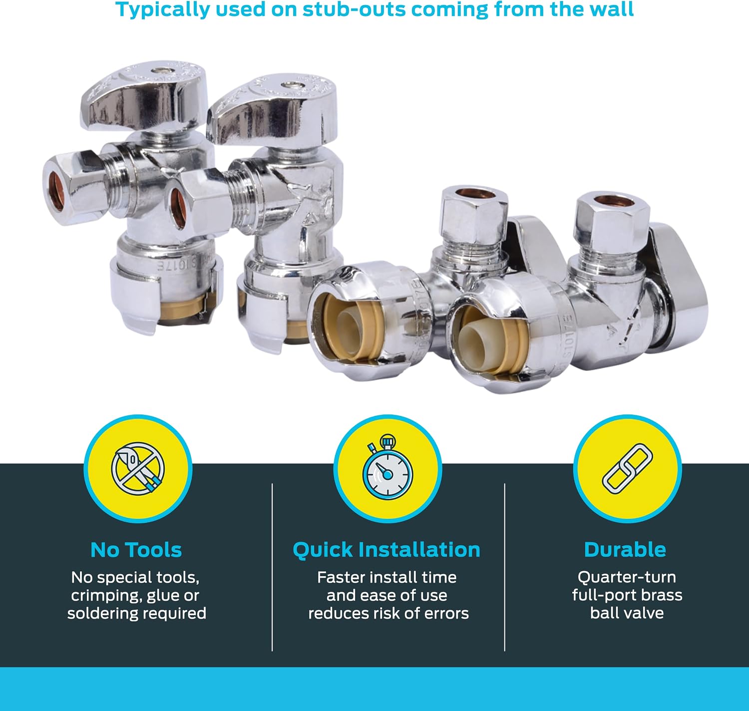 1/2 x 3/8 Inch Compression Angle Stop Valve, Pack of 4, Quarter Turn, Push to Connect Brass Plumbing Fitting, PEX