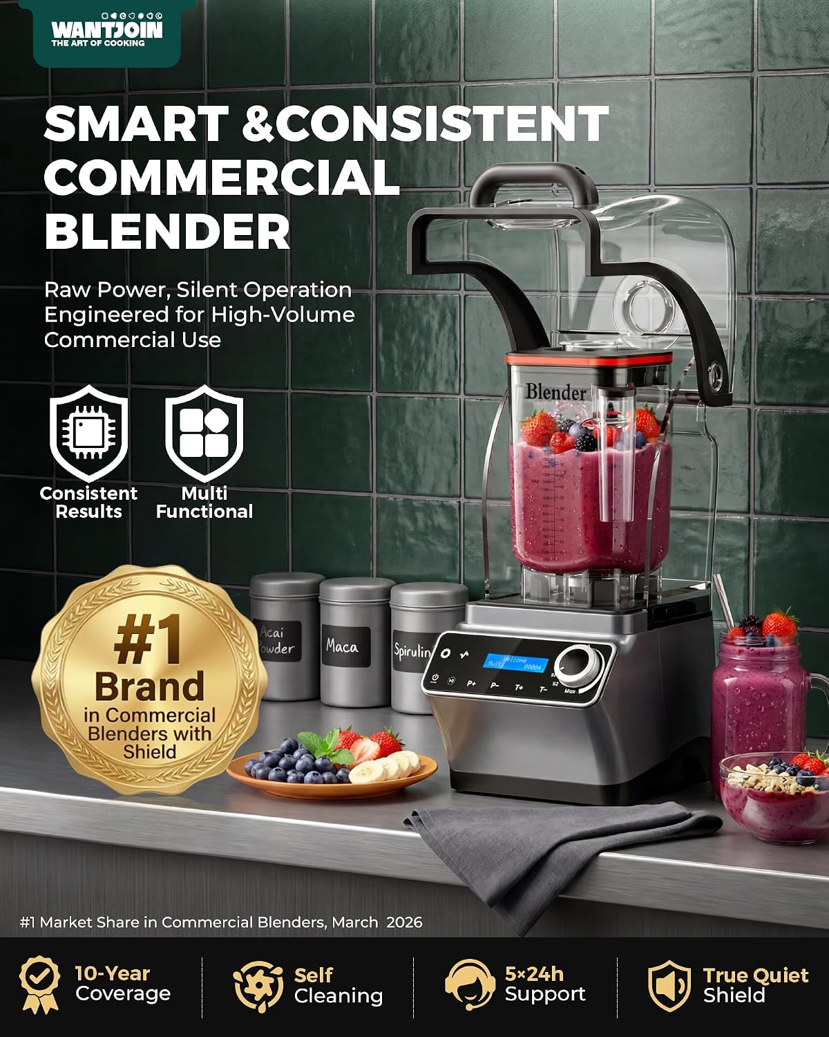 Commercial Blender - 80 oz Quiet Blender for Smoothies with LED Touch Panel & Sound Enclosure, 2200W Copper Motor