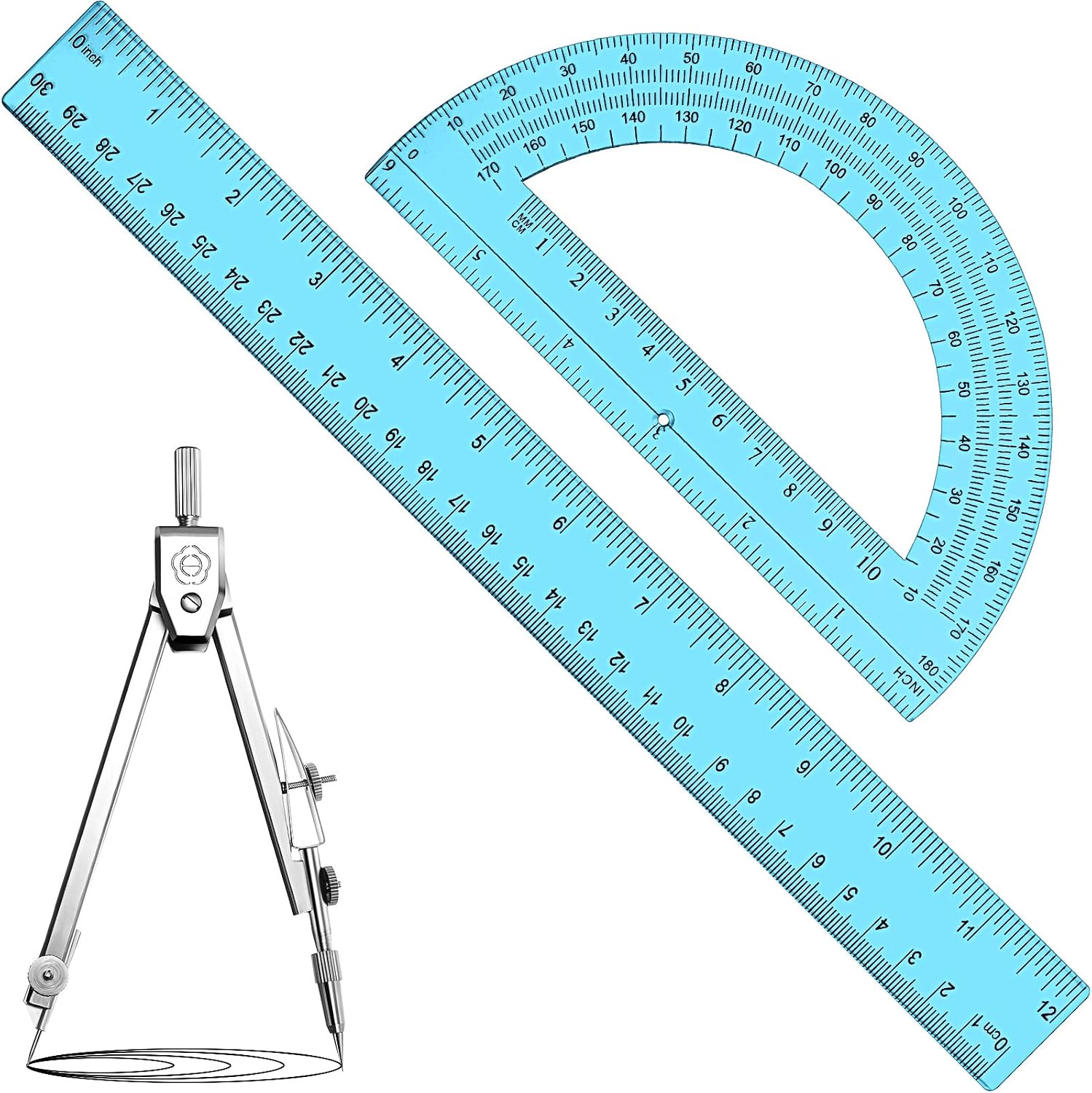 3 Pcs Plastic Ruler 6 Inch Protractor Drawing Compass Set, Student Geometry Math Transparent Measuring Tools for Home