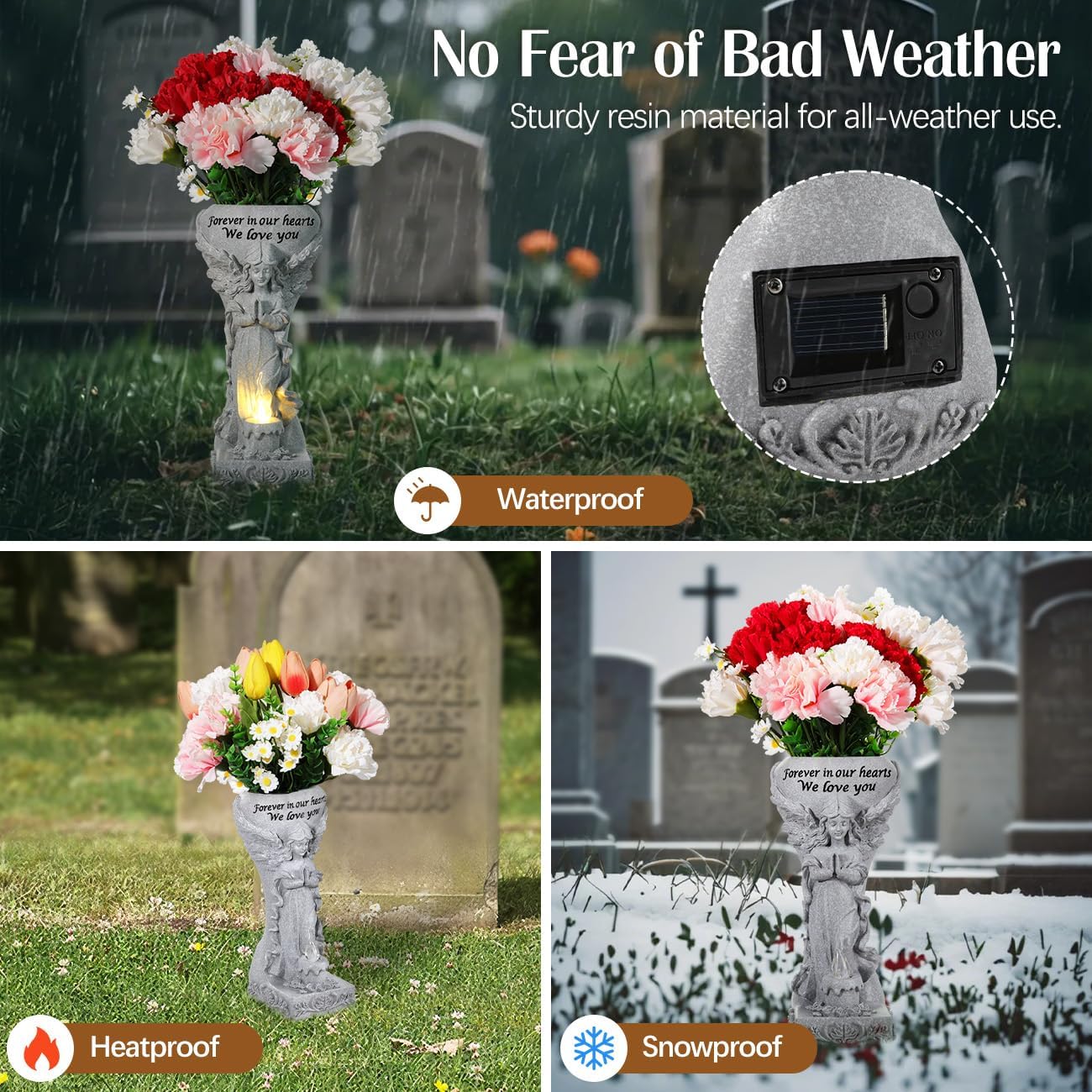 Solar Cemetery Vase for Grave, Praying Angel with Spike