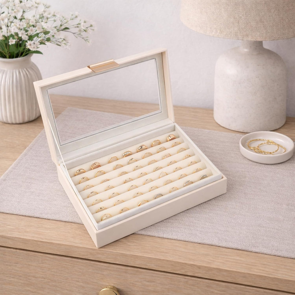 Ring and Earring Jewelry Display Box – Holds Up to 80 Rings, Faux Leather Jewelry Box with Velvet Interior and Clear
