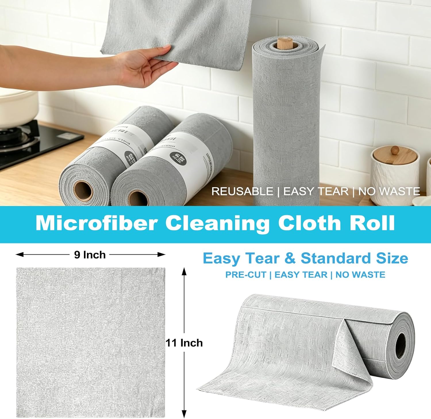 55 Pack Microfiber Cleaning Cloth Roll, Tear Away Reusable Paper Towels, 11" X 9", Ultra Absorbent & Lint Free