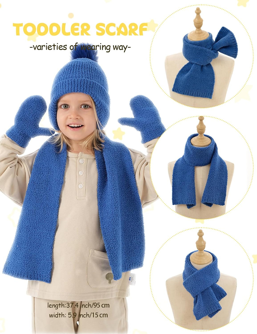 Toddler Hat and Gloves, Baby Beanie Scarf Neck Gaiter Mittens Sets for 0-6 6-12 Months 2t-4t, Kids Winter Hat with