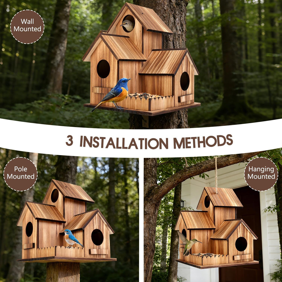 Bird Houses for Outside, Outdoor 3-Hole Large Birdhouse Bird Feeder for Bluebirds, Finches, Cardinals and Yellow
