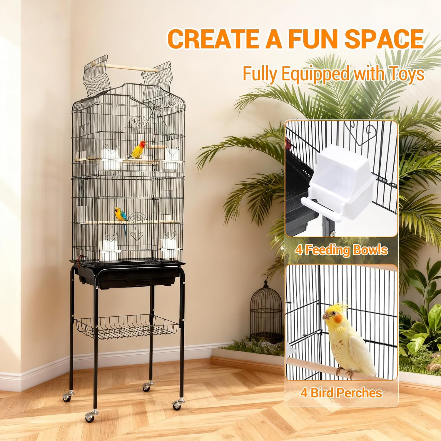 65.5 Inch Large Wrought Iron Bird Cage with Open Play Top, Heavy-Duty Detachable Rolling Stand & Storage, Flight Cage