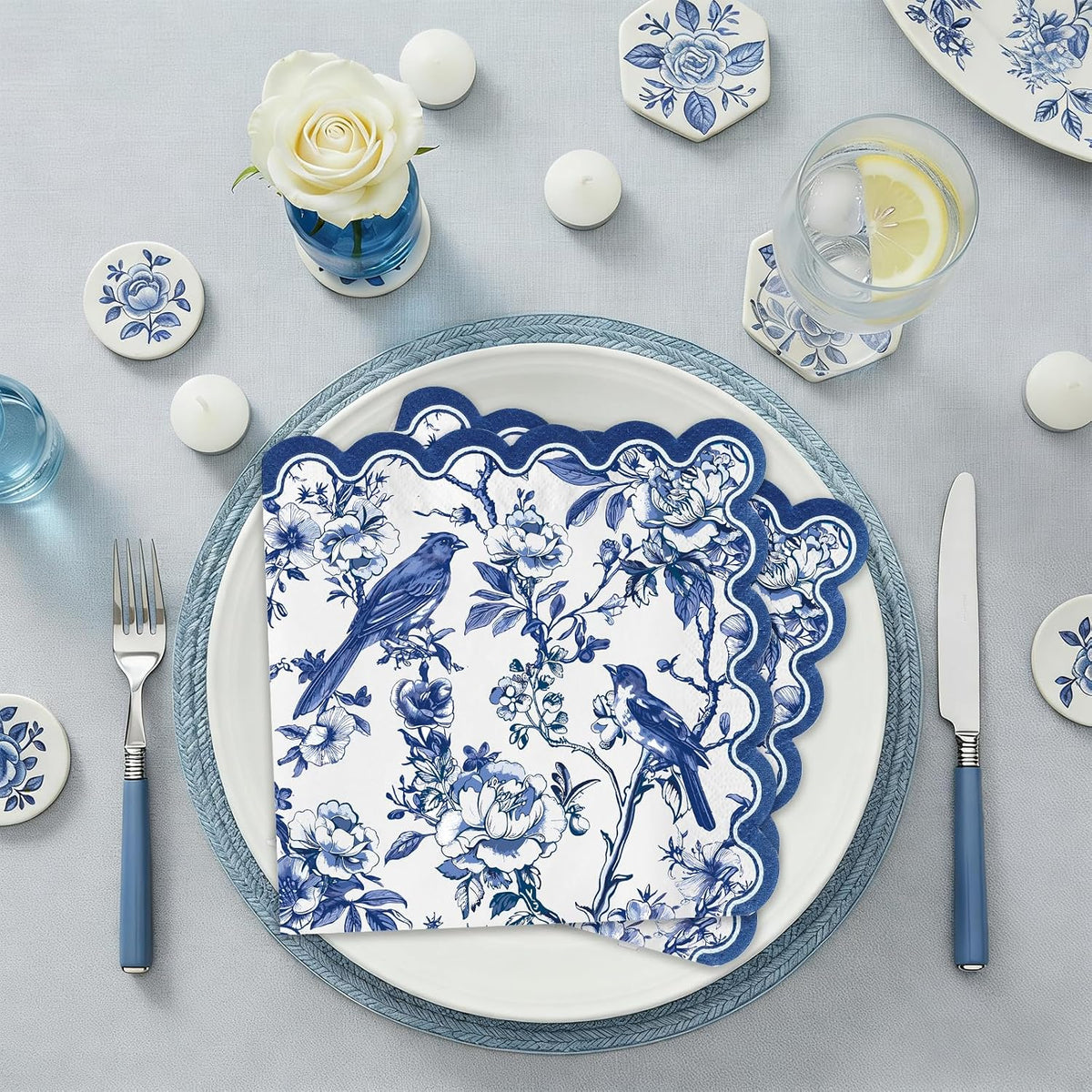 100 Pcs Blue Floral Napkins, 5 x 5 In Scalloped Cocktail Napkins