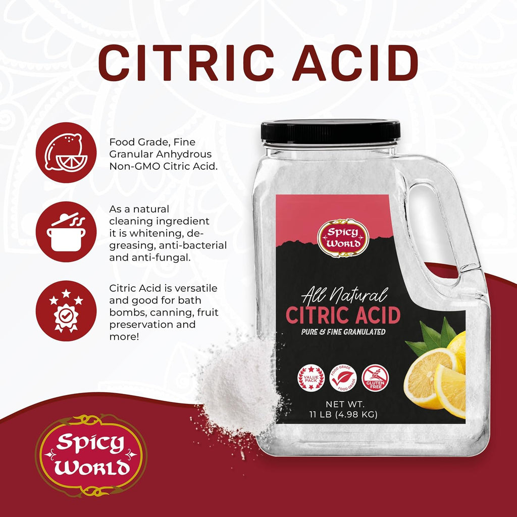 Citric Acid 11 LB Bulk Jar - All Natural, Food Grade, Non-GMO Citric Acid Powder for Cleaning, Bath Bombs, Preserving