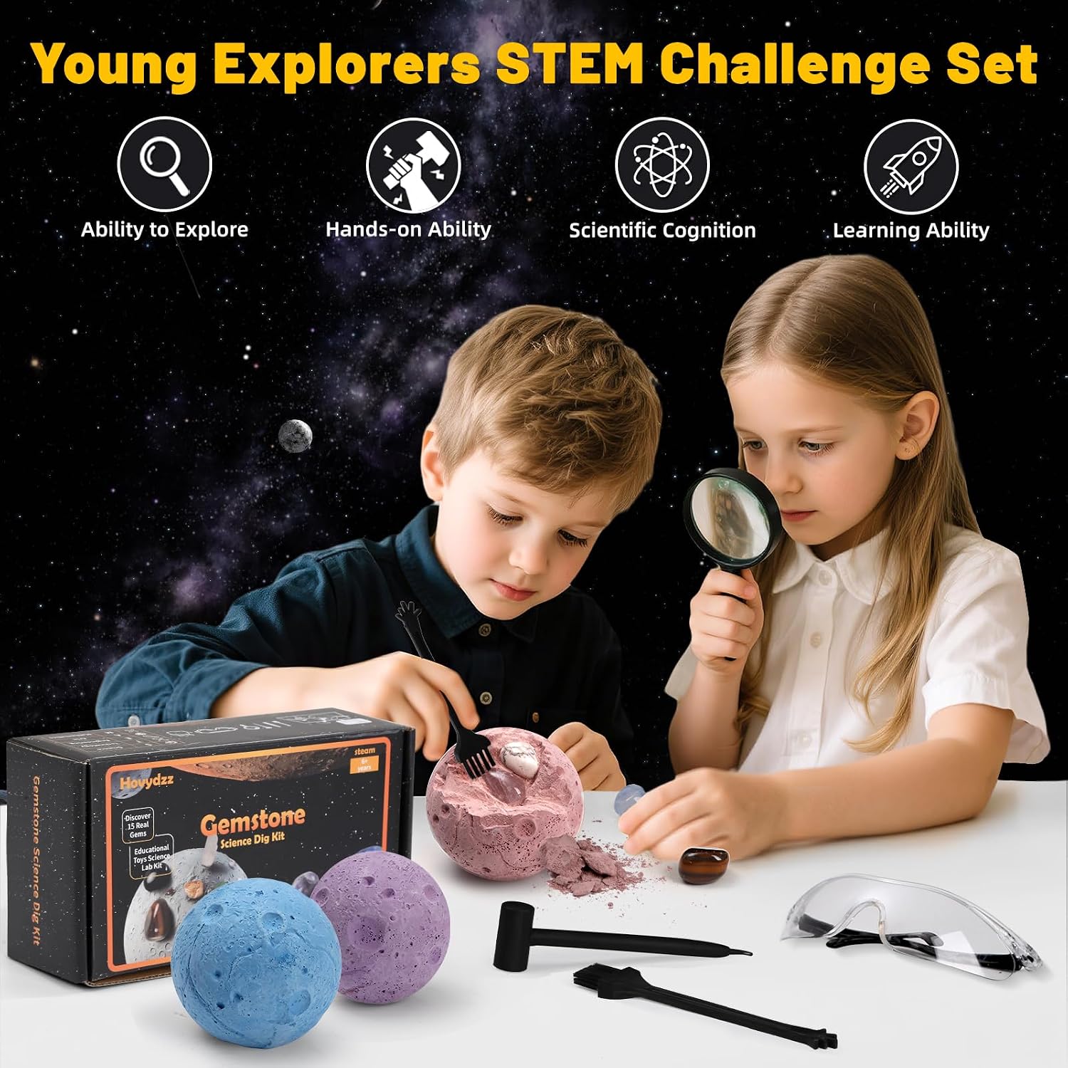 Gemstones Dig Kit, Science Kit for Kids, Dig up 15 Real Gems & Explore Solar System, STEM Educational Mining Space