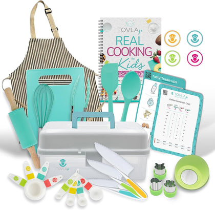 JR Kids Real Cooking and Baking Ultimate Gift Set | Montessori Kid-Safe Knives, Apron, Visual Cookbook, Timer