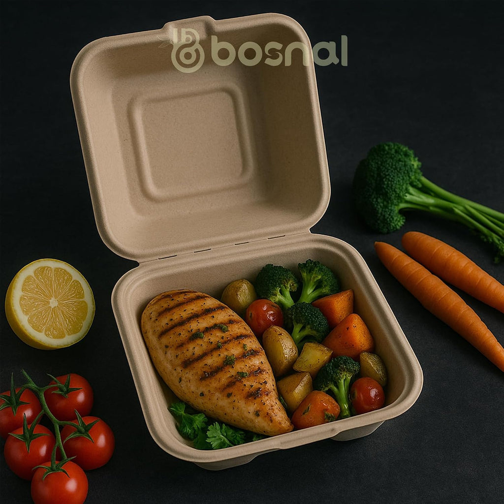 6 Inch Compostable Square Clamshell Containers – 50 Pcs, 100% Plant-Based Sugarcane Bagasse, Eco-Friendly Takeout