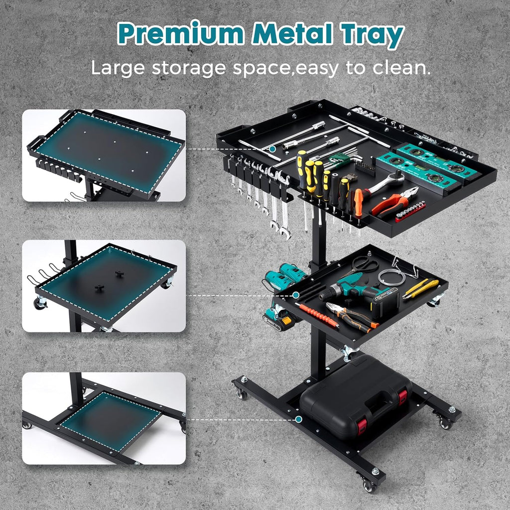 3-Tier Rolling Work Table, Adjustable Height Tool Cart with Wheels | Portable Mechanic Organizer with Drill Storage