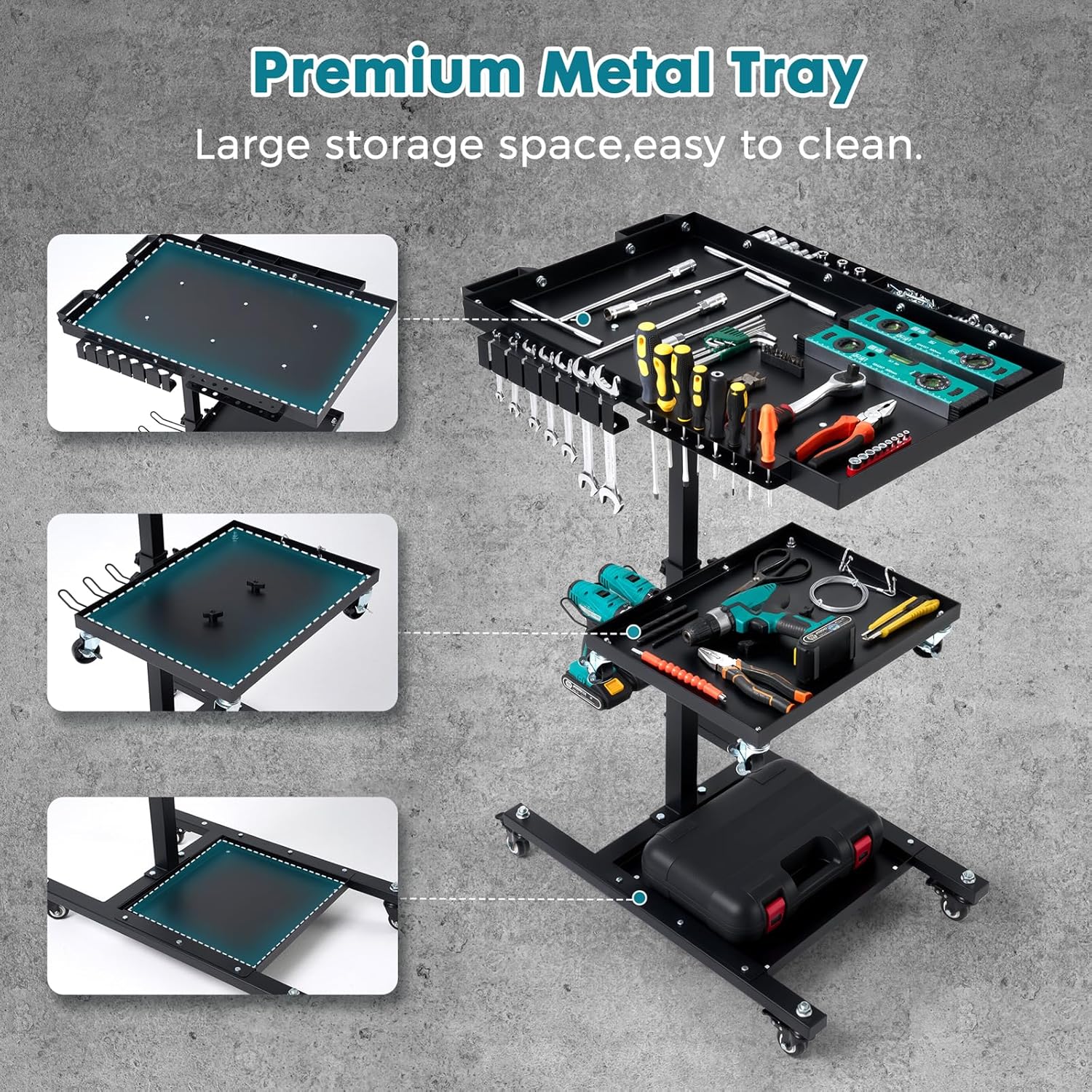 3-Tier Rolling Work Table, Adjustable Height Tool Cart with Wheels | Portable Mechanic Organizer with Drill Storage