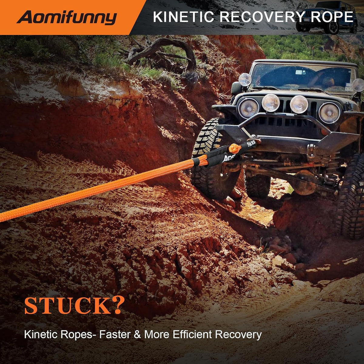 Kinetic Tow Rope with 2 Soft Shackles, 1" x 30', 48,800 LBS Break Strength