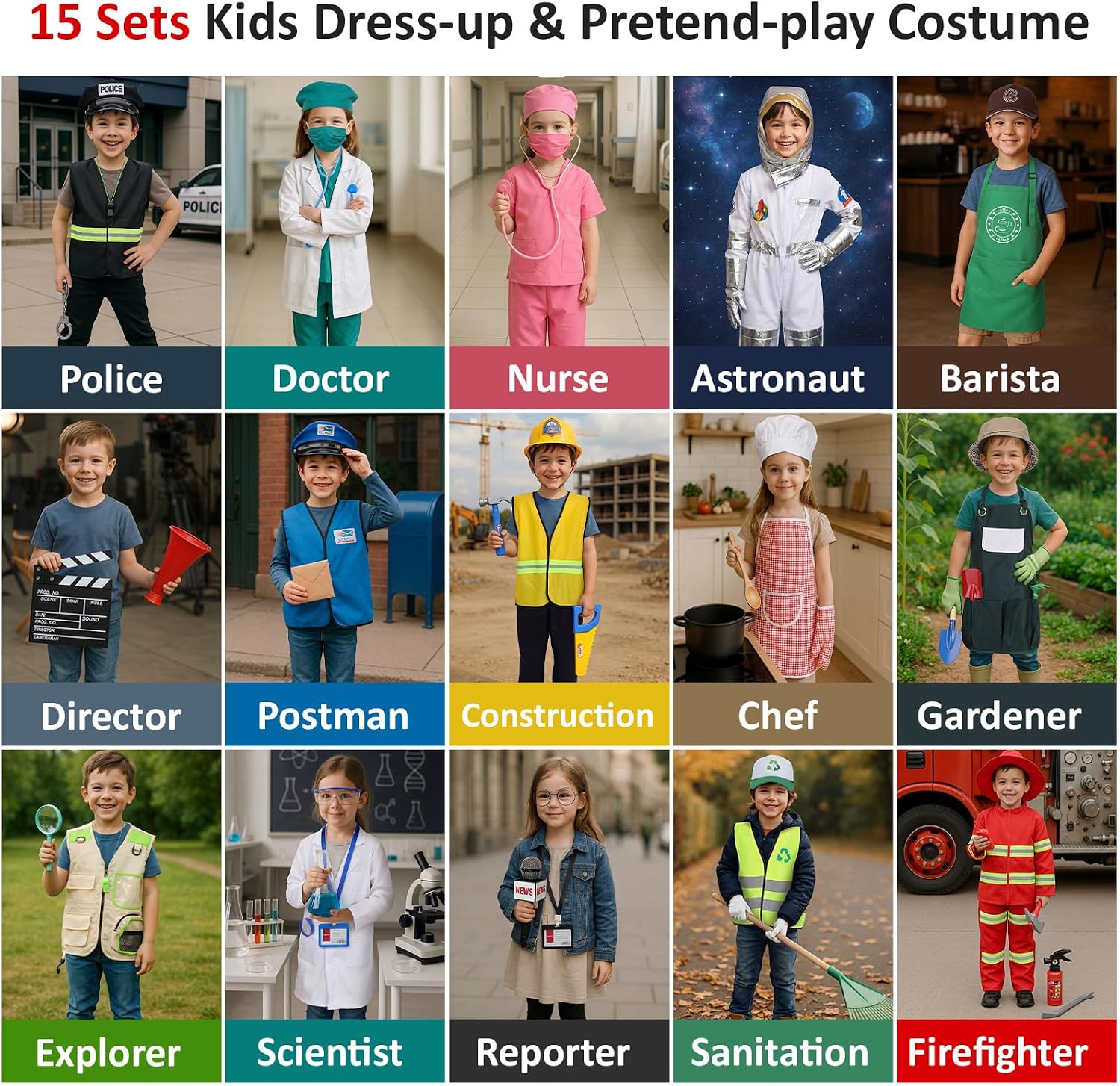 15 Sets Toddler Dress up Clothes Kids Role-Play Costumes Police Firefighter Doctor Nurse Astronaut Barista Director