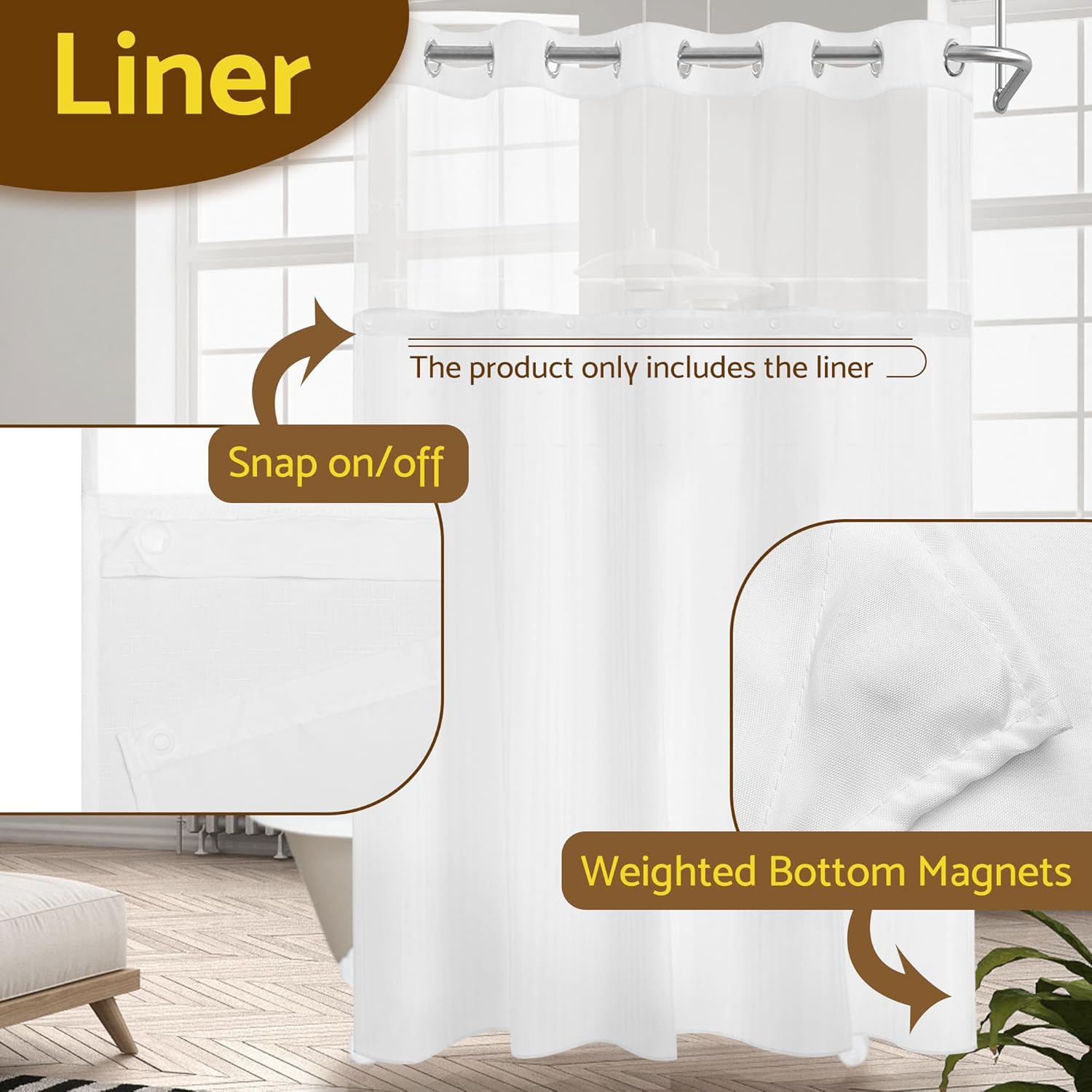 70x54 Snap-in Shower Curtain Replacement Liner White | 2 Bottom Magnets, Fabric, Removable, Water Repellent, Machine