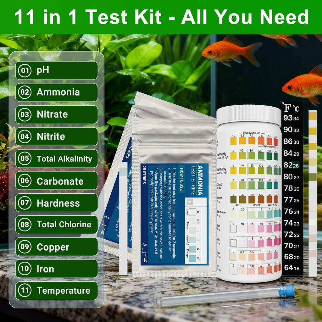 11 in 1 Aquarium Test Strips Kit | Aquarium Ammonia Test Strips | 150 Strips | Quick Accurate Freshwater&Saltwater