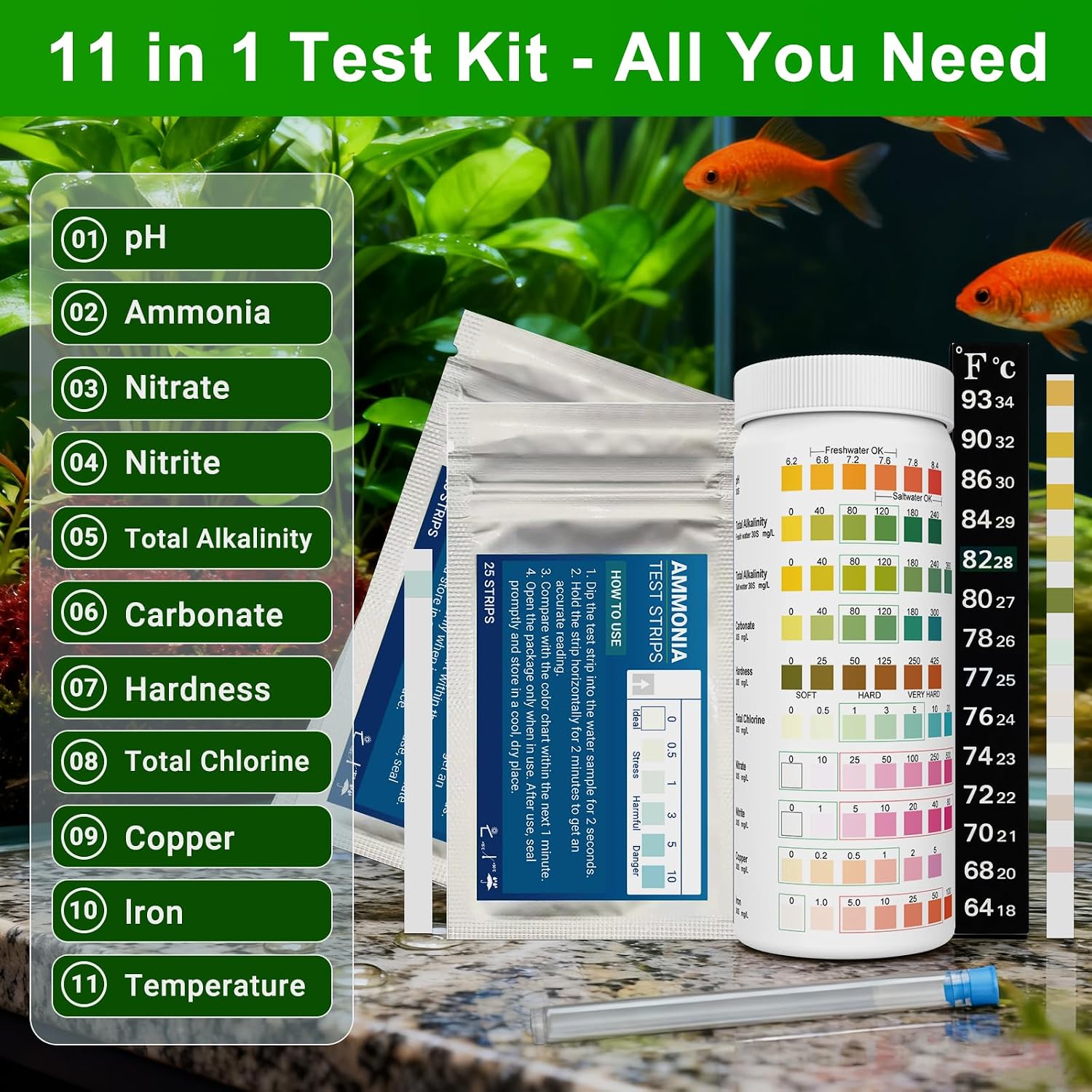 11 in 1 Aquarium Test Strips Kit | Aquarium Ammonia Test Strips | 150 Strips | Quick Accurate Freshwater&Saltwater