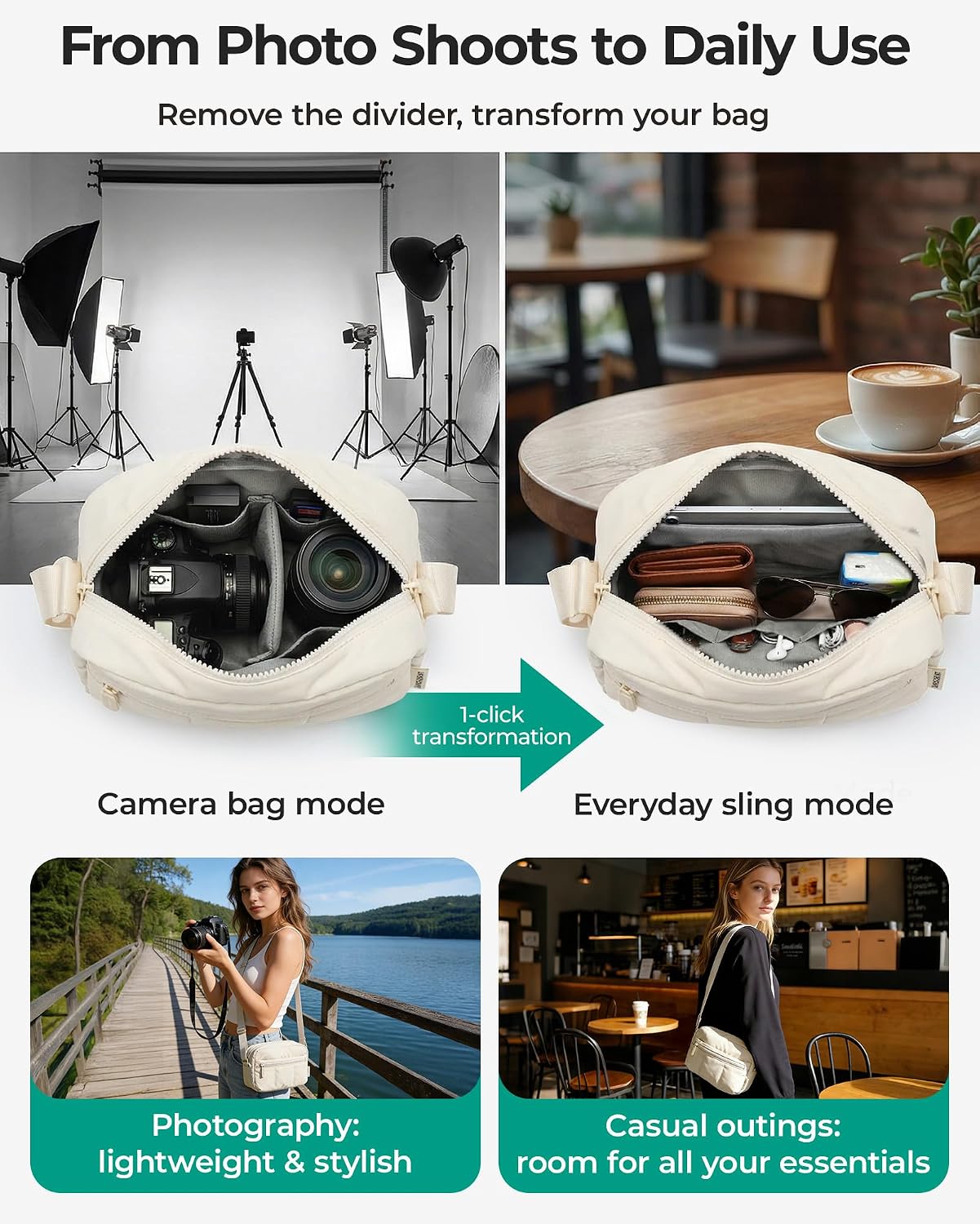 2 in 1 Small Puffy Camera Sling Bag, Black | Mirrorless Crossbody Photography Camera Case for Photographers, Camera