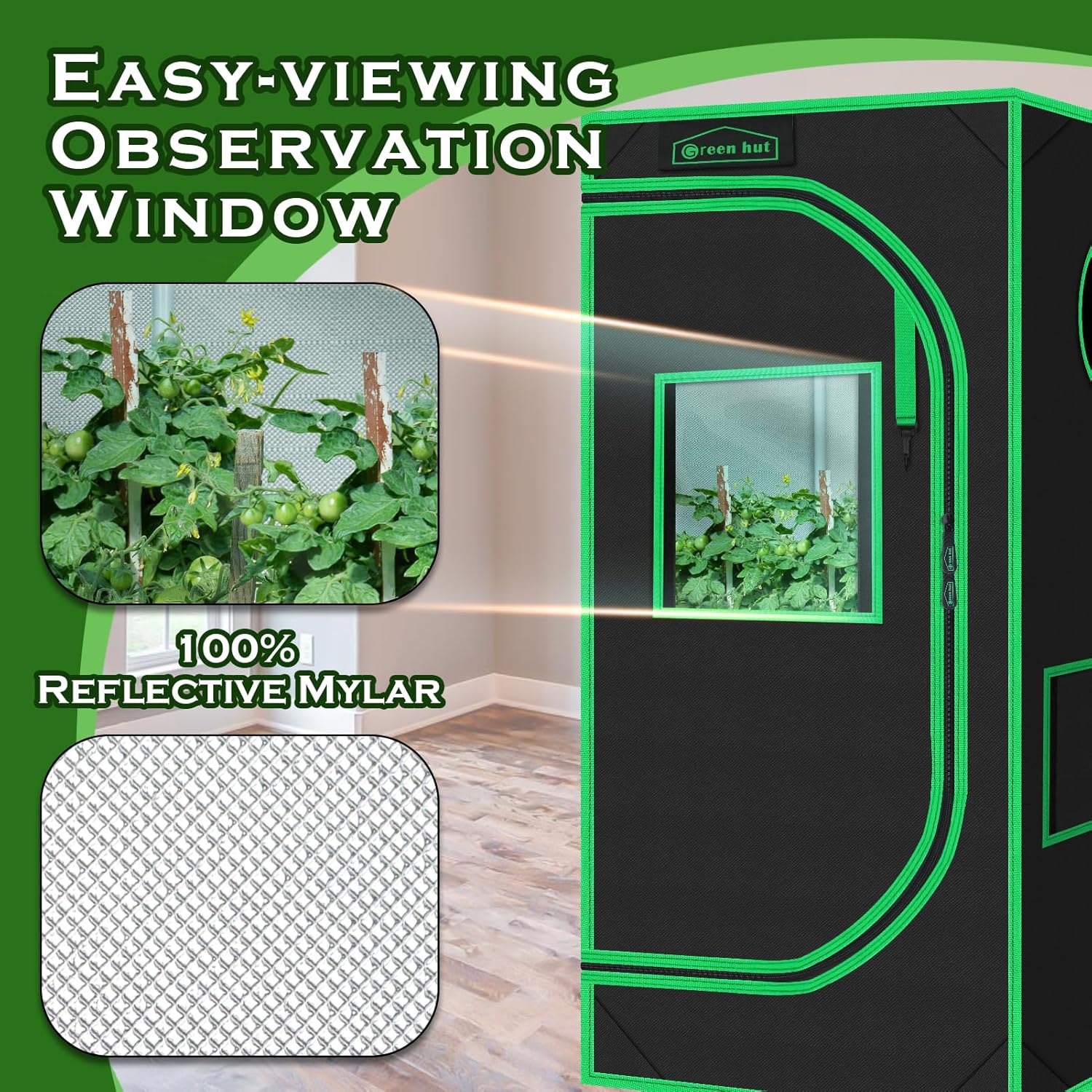 2x2 Green Hut Grow Tent 24"x24"x48" 600D Mylar Hydroponic Grow Tents | Observation Window, Removable Floor Tray, 100%