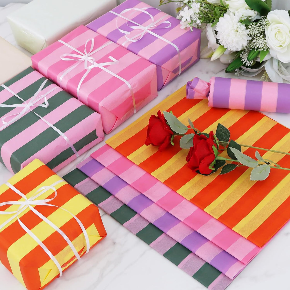 30 Sheets Rose Pink Big Stripe Tissue Paper Bulk for Gift Wrapping