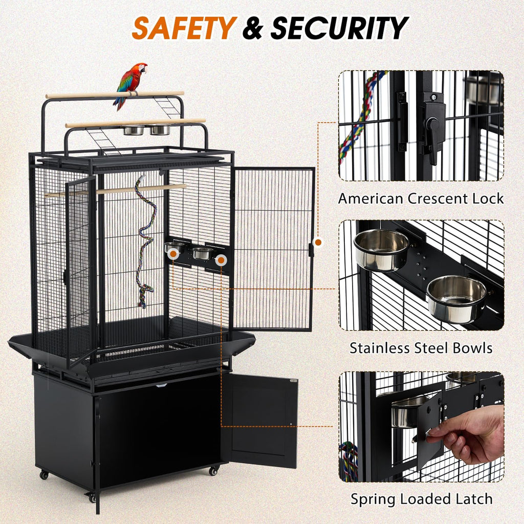 70" Large Bird Cage with Play Top, Metal Parrot Cage with Storage Cabinet | Tall Big Bird Flight Cage with Pull-Out