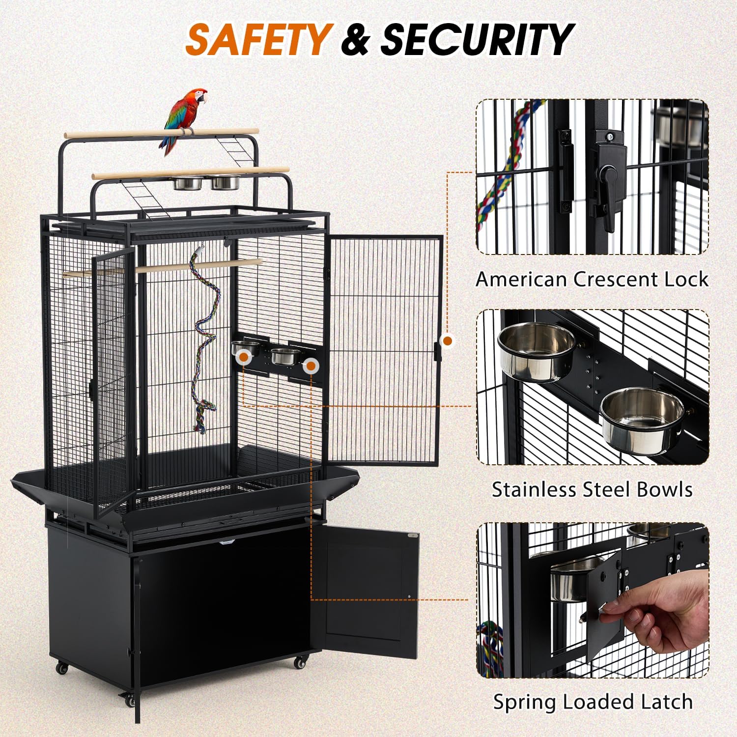 70" Large Bird Cage with Play Top, Metal Parrot Cage with Storage Cabinet | Tall Big Bird Flight Cage with Pull-Out