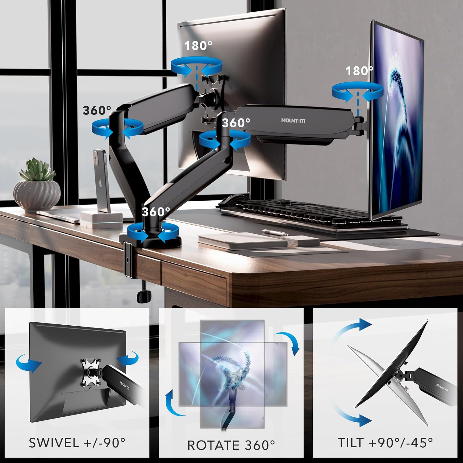 Dual Monitor Desk Mount, 13-32", 17.6 lbs Each | Two independent gas spring arms, full motion, VESA 75x75 & 100x100