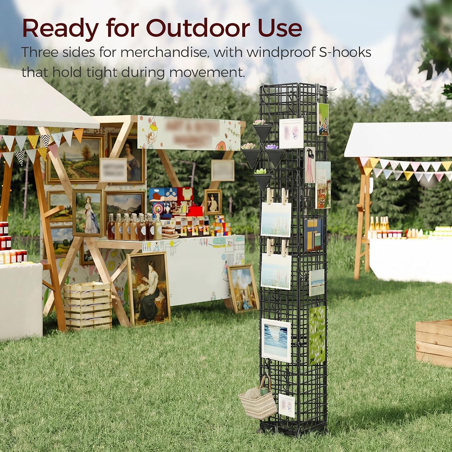 Triangular Gridwall Panel with Wheels, 3-Sided Display Stand for Vendor Events with 20 Hooks, Rolling Grid Wall Stand