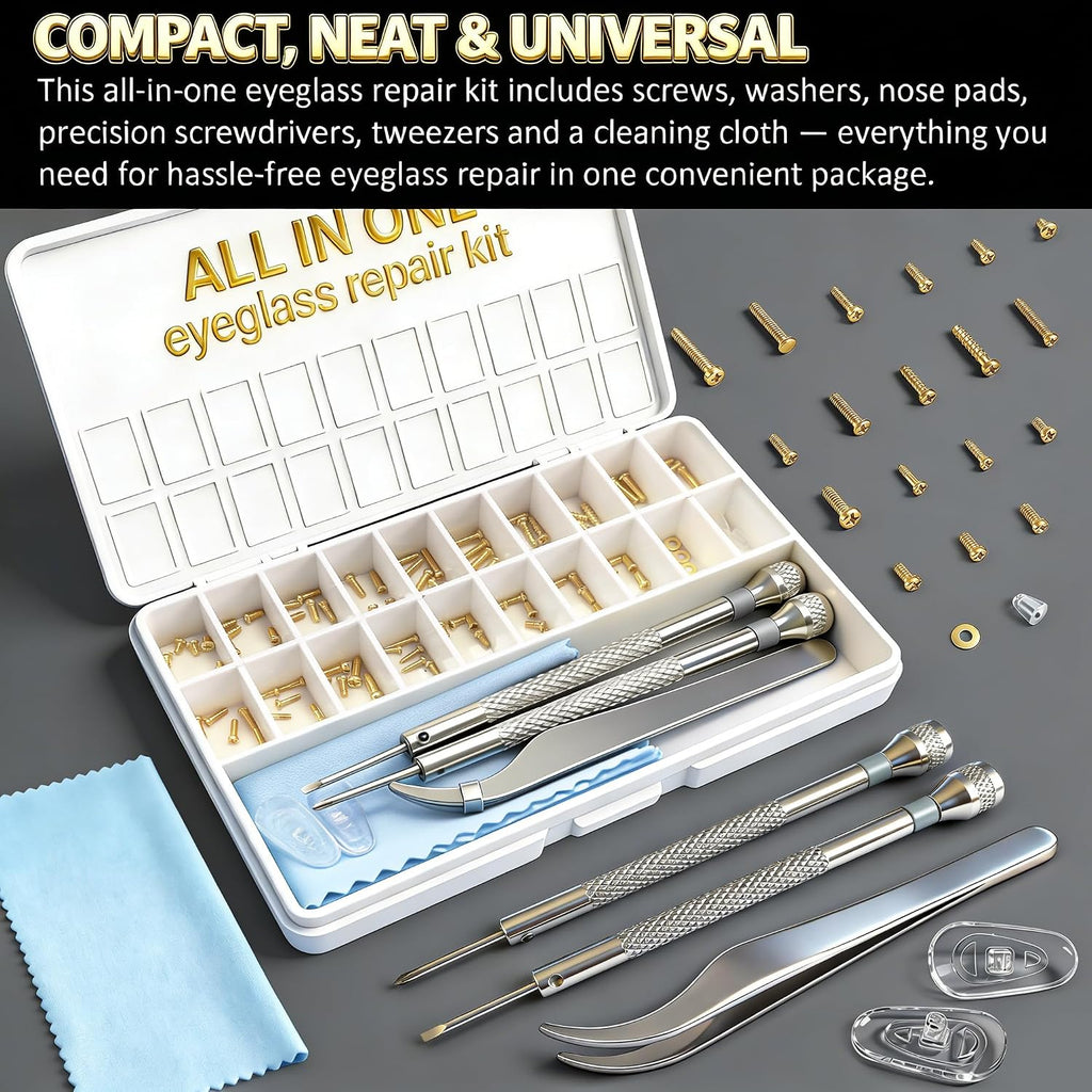 Gold Eyeglass Repair Kit with 18 Sizes Gold-Plated Screws, 1.4mm Precision Screwdrivers, Tweezers, Nose Pads & Cloth