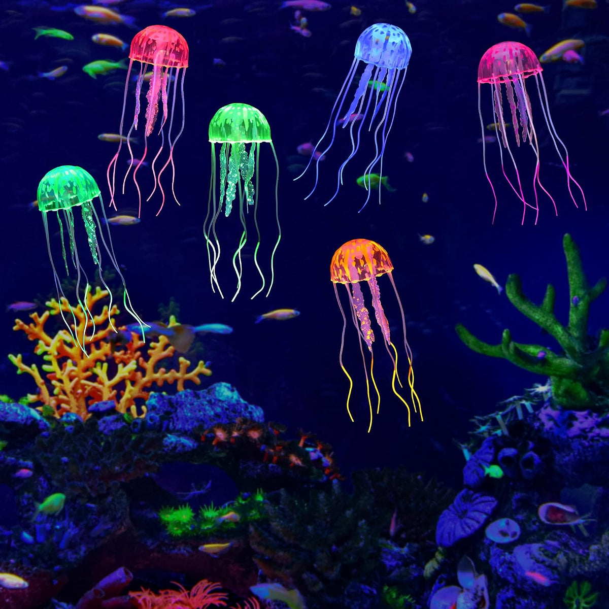 6 Pack Glow Jellyfish Floating Fish Tank Decorations Glowing Effect Silicone Simulation Jellyfish Ornament Aquarium