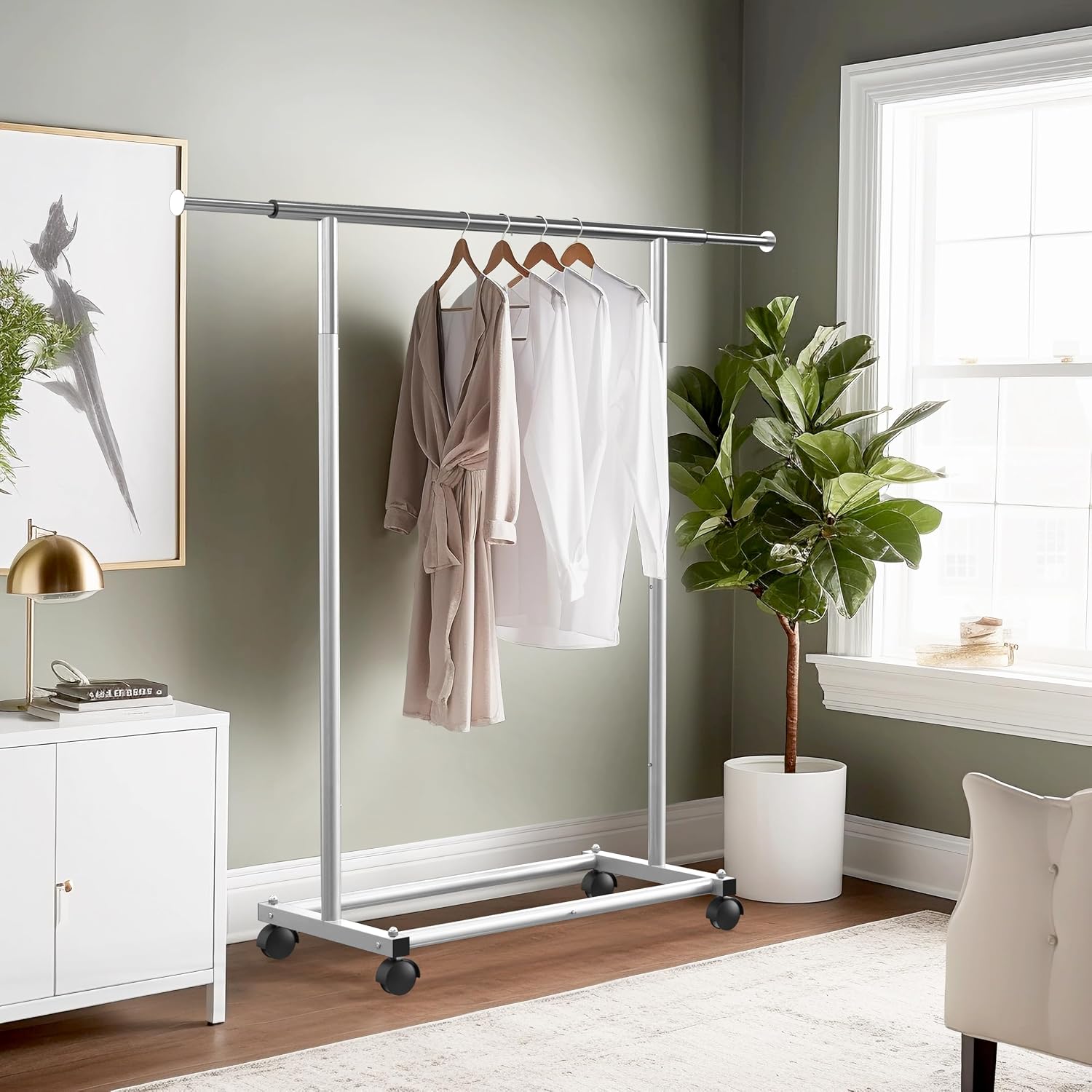 Standard Rod Garment Clothing Rack, Silver | Single Rail, Extendable Width from 30 to 47 Inches, Rolling Clothing