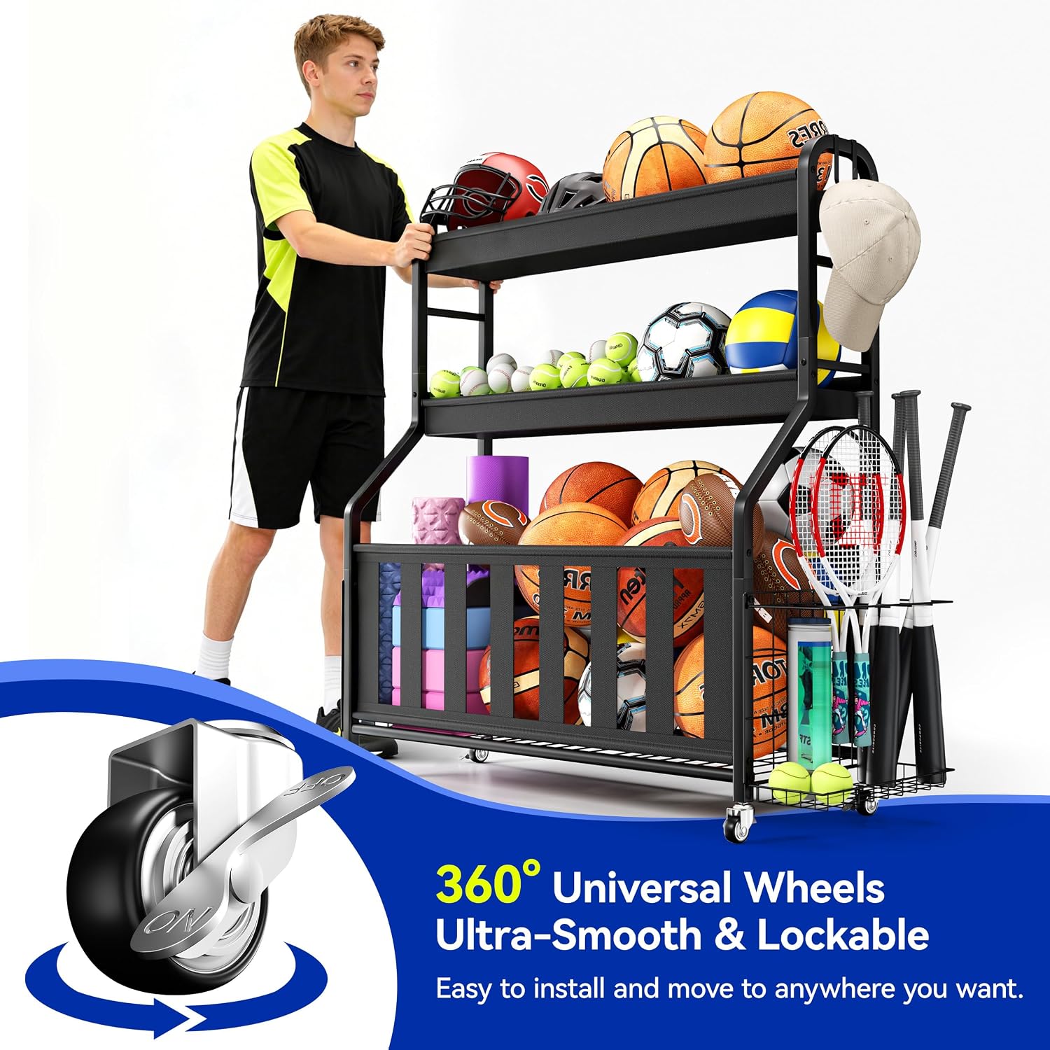 Sports Equipment Organizer, Large Capacity Garage Ball Storage Rack | Heavy-Duty Rolling Ball Cart with Locking